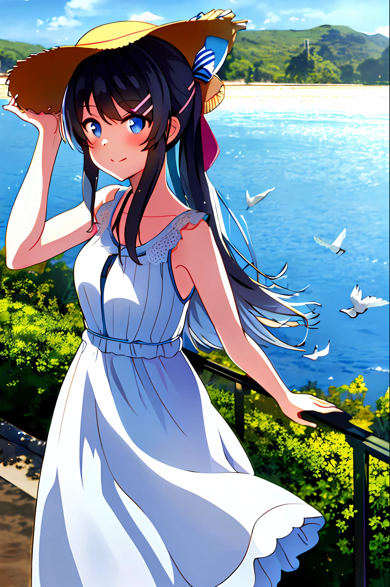 masterpiece, best quality, 1girl, solo, long_hair, breasts, looking_at_viewer, blush, smile, bangs, blue_eyes, black_hair, hair_ornament, hat, dress, bow, bare_shoulders, medium_breasts, closed_mouth, standing, ponytail, ass, sidelocks, outdoors, sky, sleeveless, day, hairclip, striped, cloud, water, white_dress, arm_up, from_side, blue_sky, looking_to_the_side, bare_arms, black_bow, sleeveless_dress, bird, ocean, white_headwear, hat_ribbon, cloudy_sky, hat_bow, sun_hat, striped_bow, railing, horizon, hand_on_headwear, sundress,