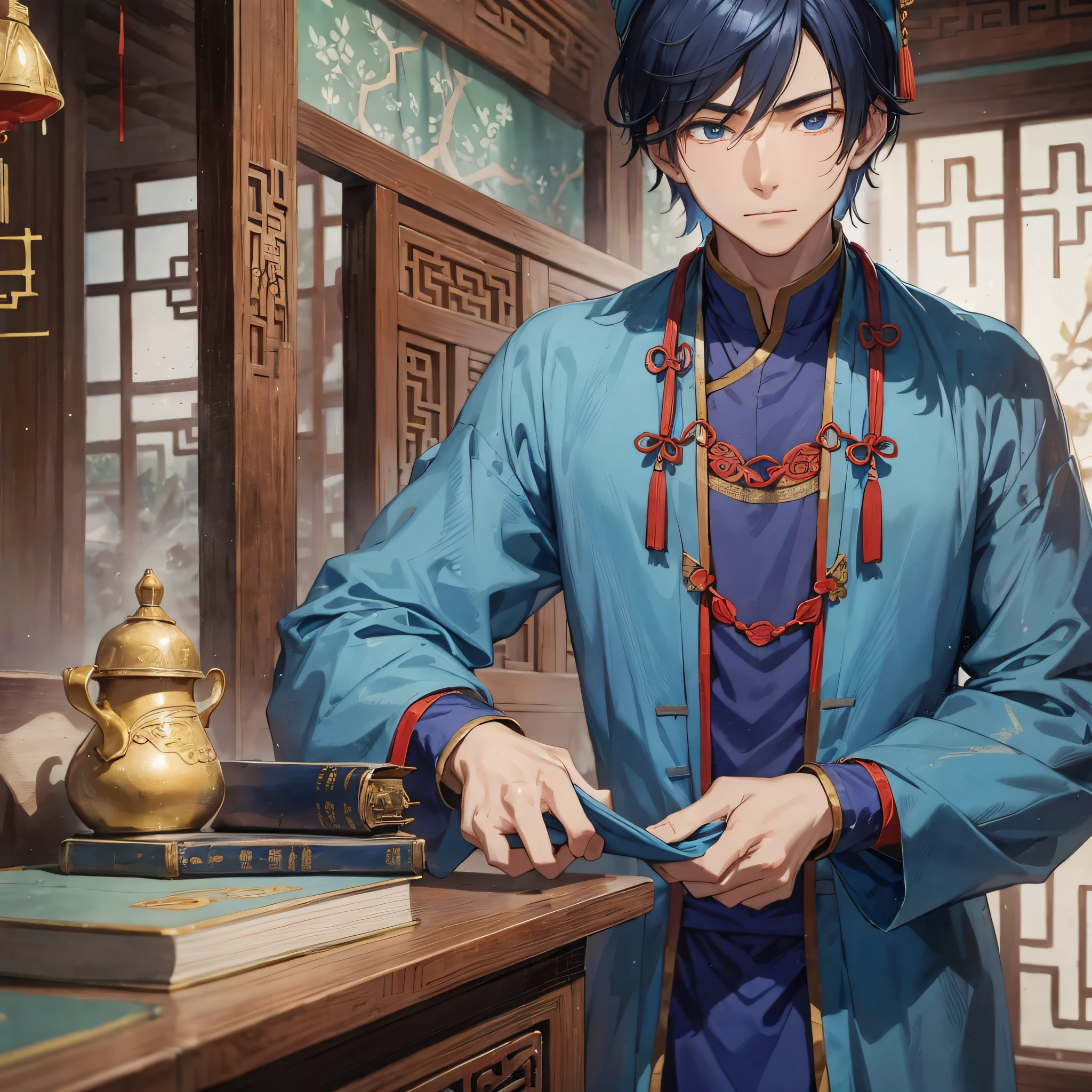 In ancient China, in the mansion, the skinny young man in blue cloth was a young scholar with a crying expression