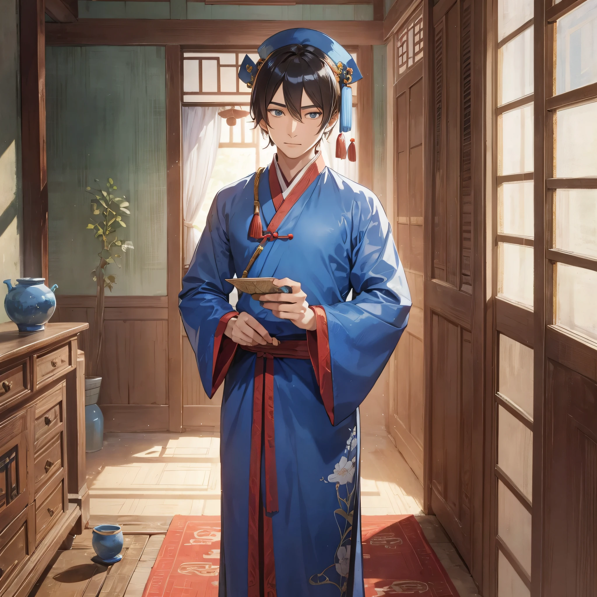 In ancient China, a scrawny young scholar in blue cloth in the mansion walked in