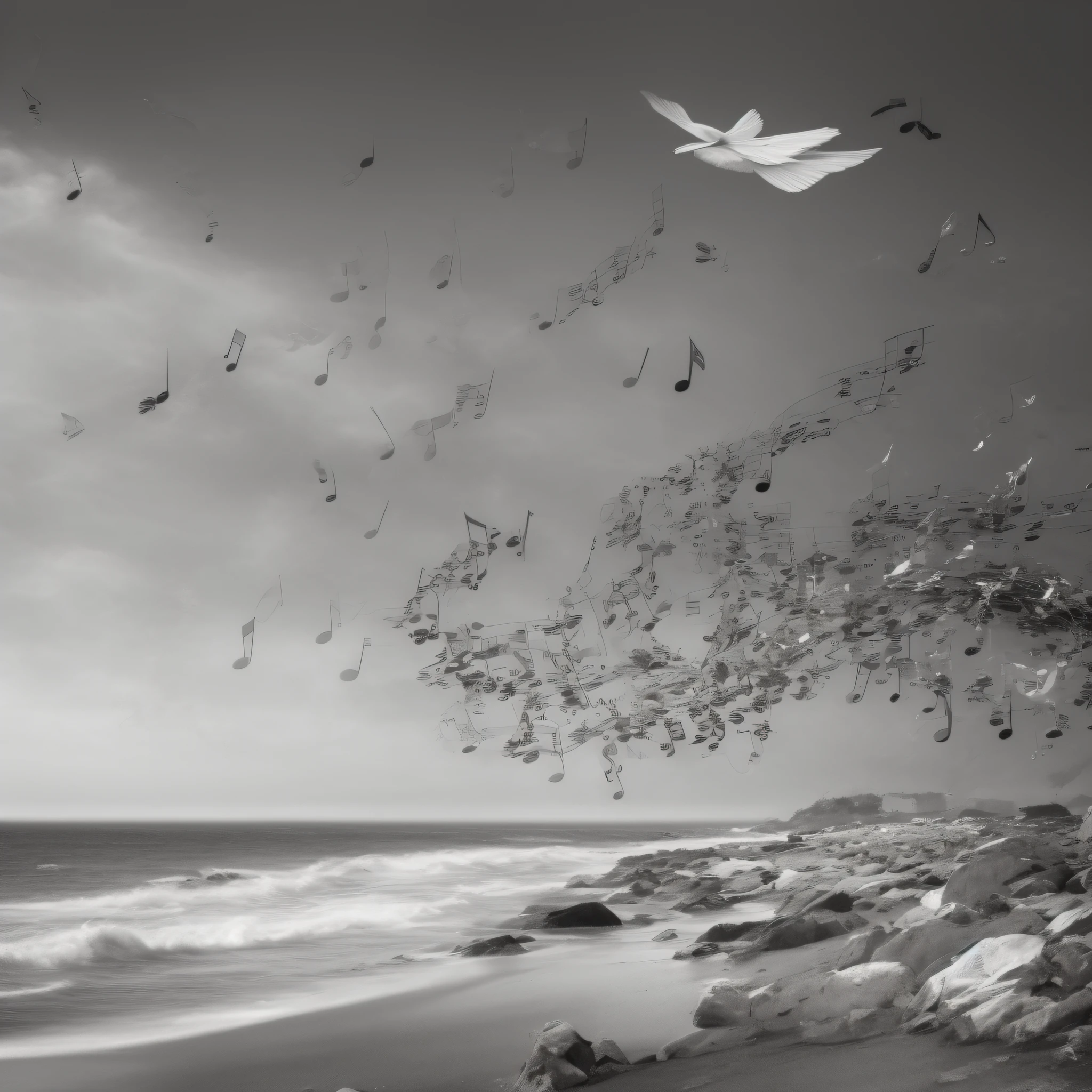 The black and white image depicts a picturesque setting, with a serene sea in the foreground. The sea is represented in different shades of gray, creating a sense of calm and tranquility. Surprisingly, several musical notes emerge smoothly from the surface of the sea. They are represented as elegant and fluid symbols, in intense black, contrasting with the light background. The musical notes vary in size, some larger and more prominent, while others smaller and more delicate. They seem to dance in the air, as if carried by the sea breeze. It is an image that captures the magic and harmony between nature and music, conveying a sense of inspiration and charm.