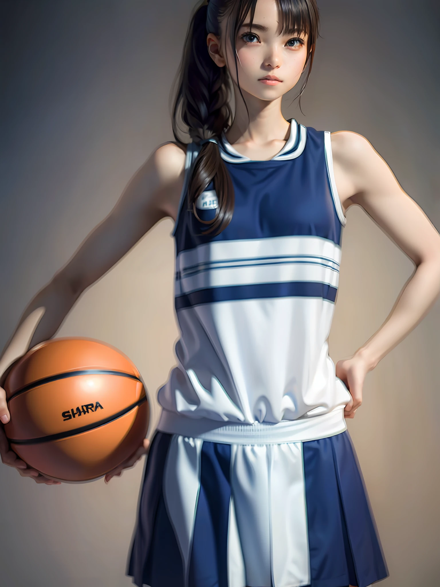 ' school gymnasium 1 girl, full body, clearly invisible, fine clothes, basketball clothes (Delicate illustration: 1.4), (Maximum image quality: 1.4), (Best quality: 1.4), (Ultra High Resolution: 1.2), (Photorealistic: 1.4), (8K, RAW: 1.2), (Soft Focus: 1.4), (Sharp Focus: 1.4), (Rena Sans Art: 1.4), Beautiful face with attention to detail