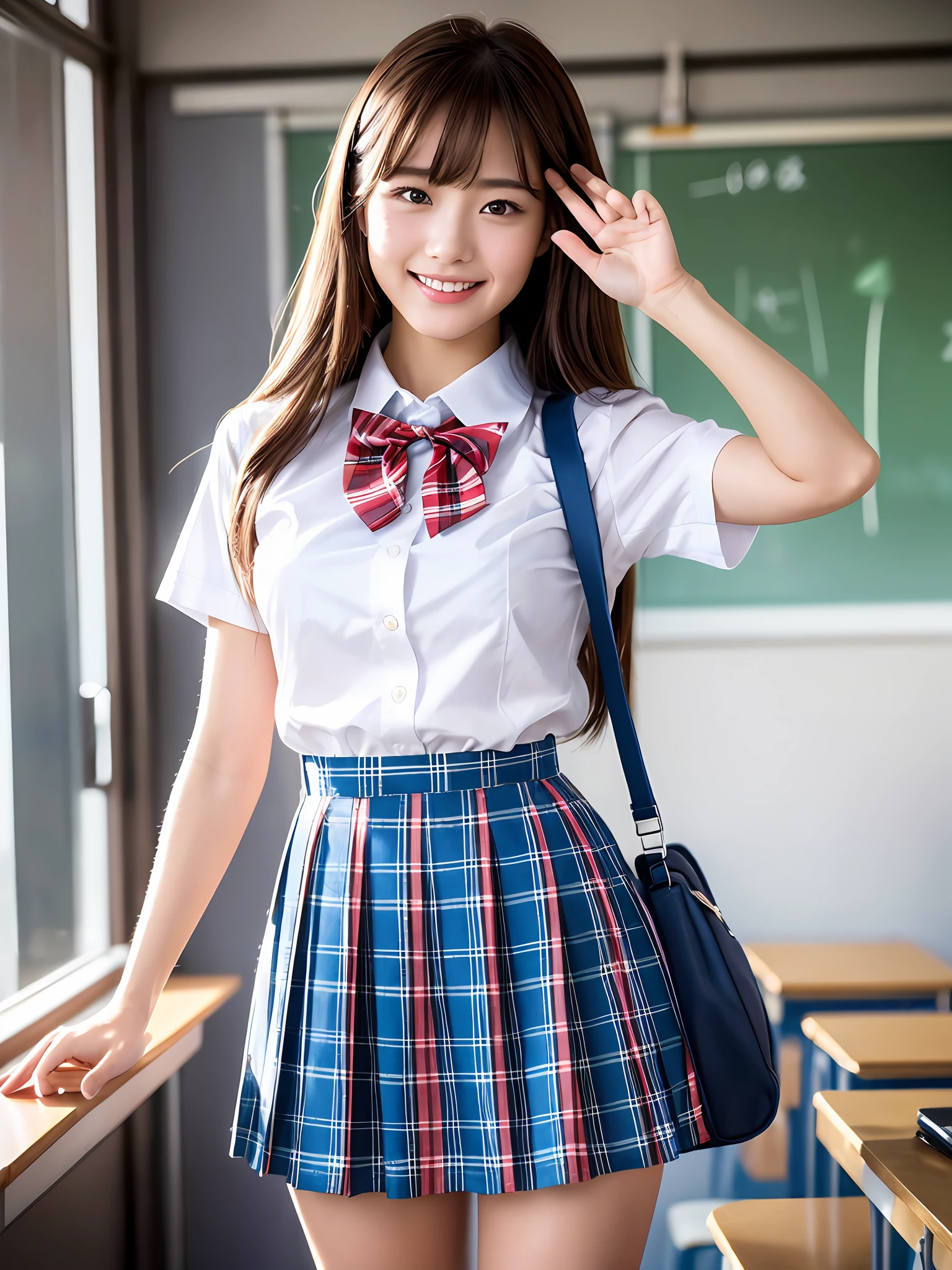 masterpiece, full body shot, a Japanese young pretty woman, standing entrance of the classroom with school bag, funny salute pose with big smile, glamorous figure, wearing a short sleeves white collared shirt with a plain shiny blue satin bow tie, the hem of the shirt is exposed from the skirt, wearing a blue tartan plaid long length skirt, wearing short length white socks, wearing white and red school shoes, absolutely pretty face, glossy lips, double eyelids in both eyes, Natural makeup, long eyelashes, shiny smooth light brown hair of medium length, asymmetrical bangs, tanned skin, alone in the classroom, a textbook and a note on the desk, head frame, central image, 8K resolution, high detail, detailed hairstyle, Detailed Face, spectacular cinematic lighting, octane rendering, vibrant, hyper realistic, perfect limbs, perfect anatomy