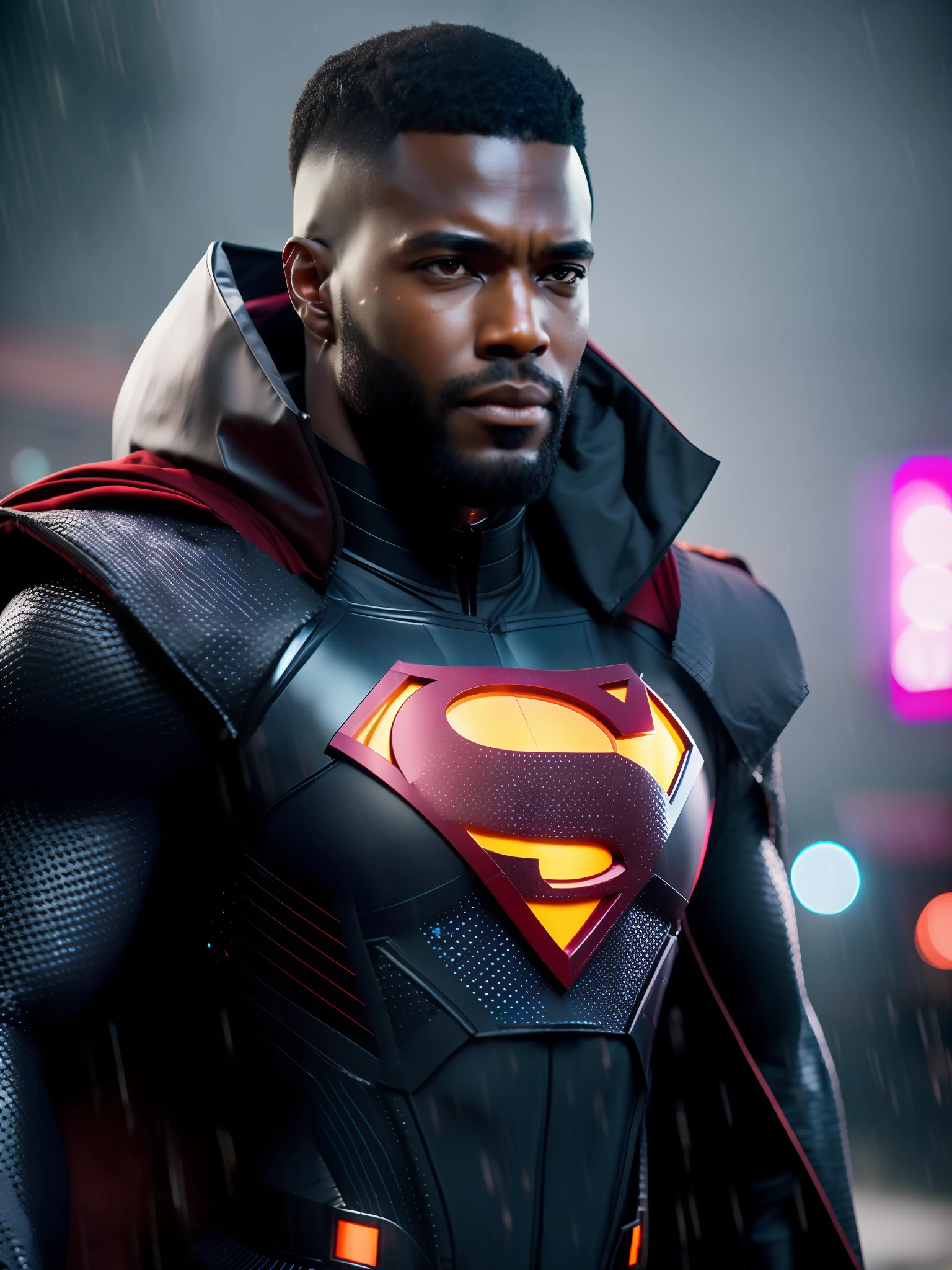 Superman award-winning photo of a man, black superhero suit, black cape, square jawline, asymmetric face, hair, big beard, in rain, happy, red eyes, purple light, 80mm, bokeh, mass effect, close up, fking_cinema_v2, 8k, cinematic