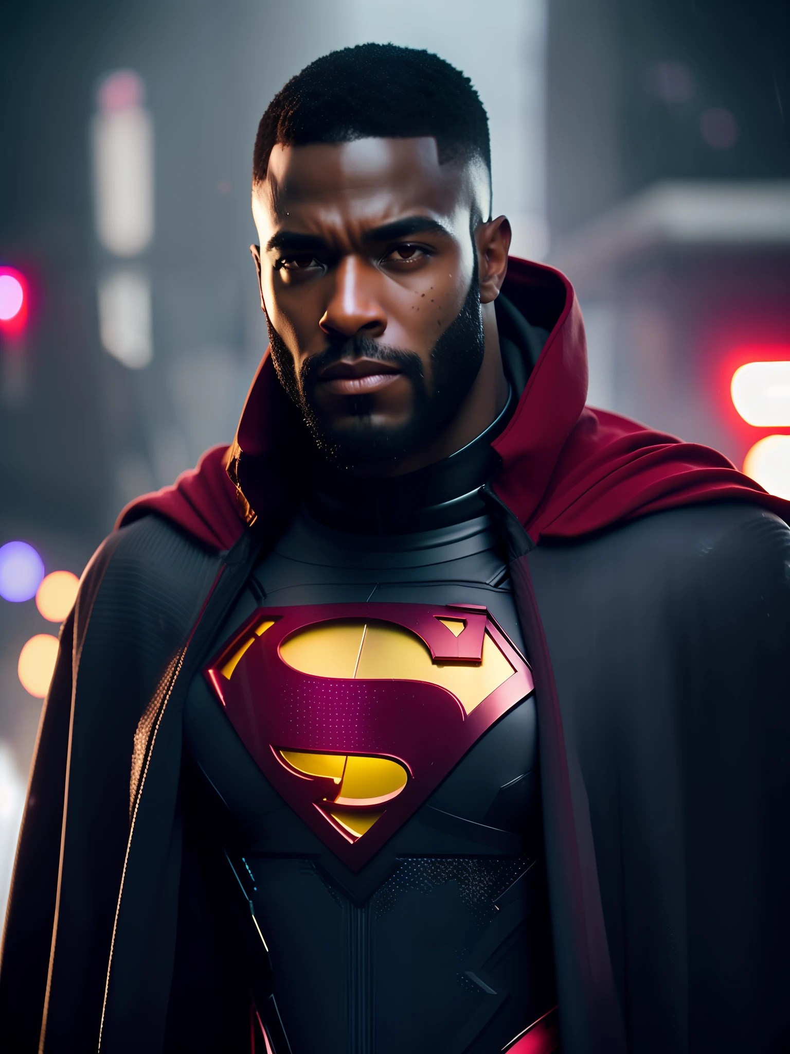 Superman award-winning photo of a man, black superhero suit, black cape, square jawline, asymmetric face, hair, big beard, in rain, angry, red eyes, purple light, 80mm, bokeh, mass effect, close up, fking_cinema_v2, 8k, cinematic