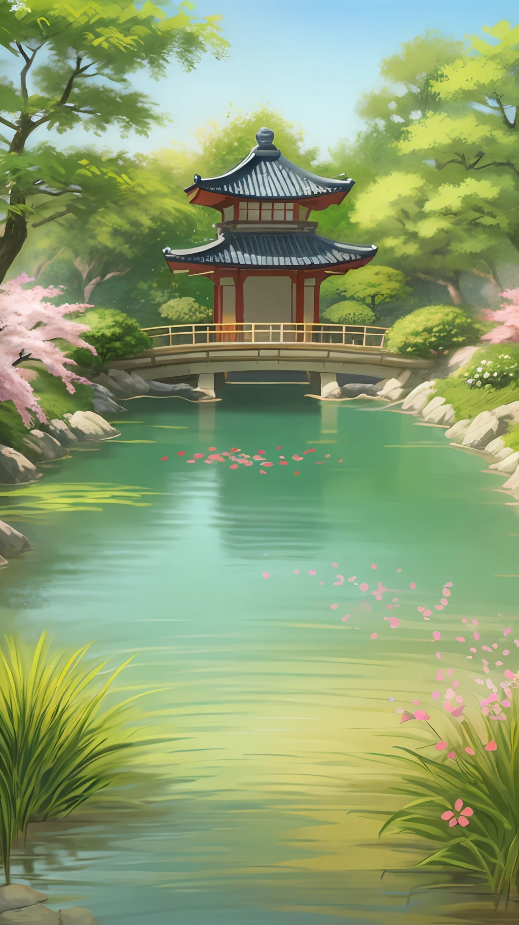 (digital painting),(best quality), (buildings:1.3), serene Japanese garden, cherry blossoms in full bloom, koi pond, footbridge, pagoda, Ukiyo-e art style, Hokusai inspiration, Deviant Art popular, 8k ultra-realistic, pastel color scheme, soft lighting, golden hour, tranquil atmosphere, landscape orientation