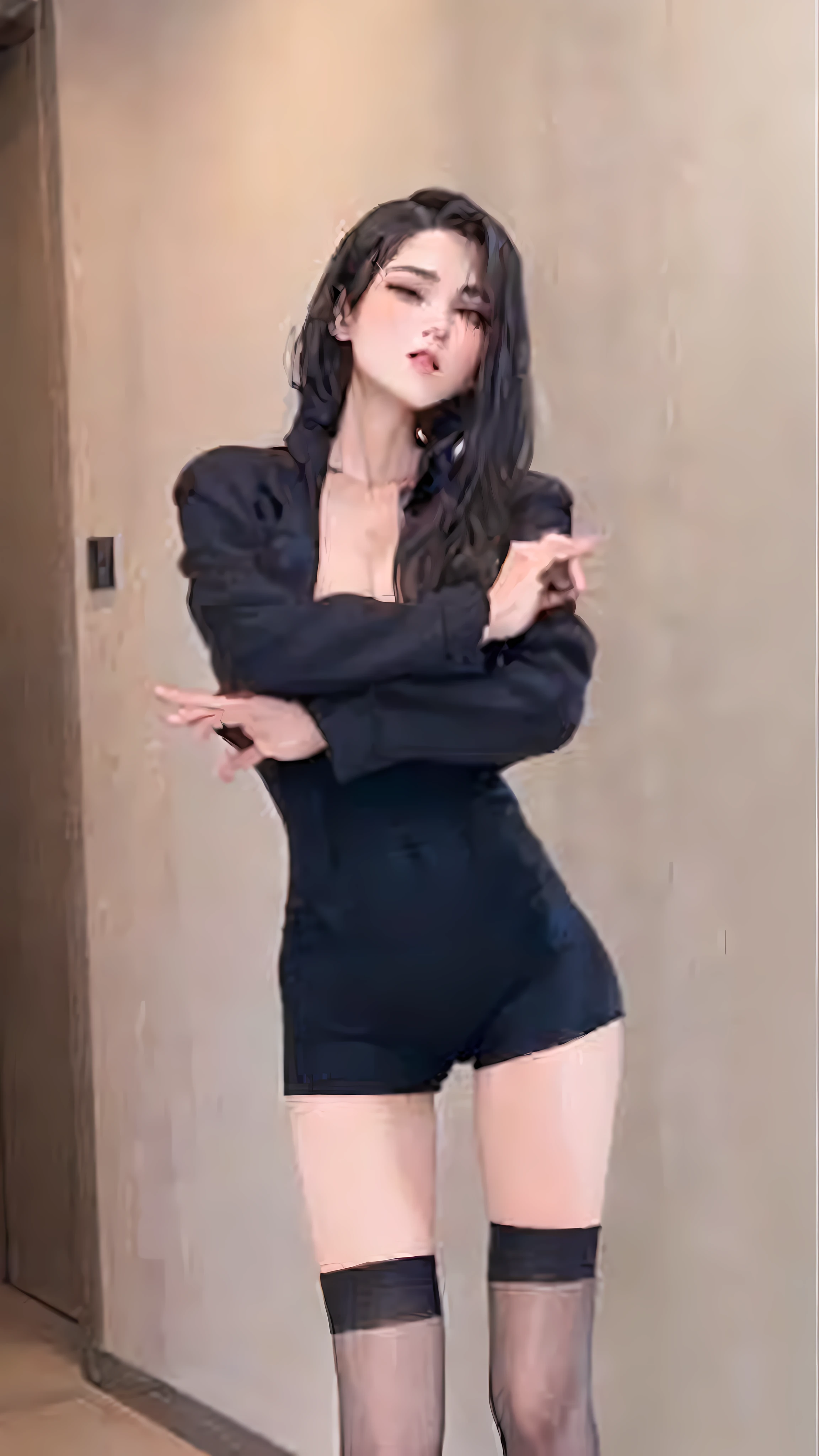 Woman in black dress and stockings posing for photo, wearing tight suit, cute elegant pose, beautiful face and arms and legs, charming pose, wearing black tights, she is dancing. Reality, she dances, sexy poses, wears tights, wears a black noble suit, good hips and long legs,