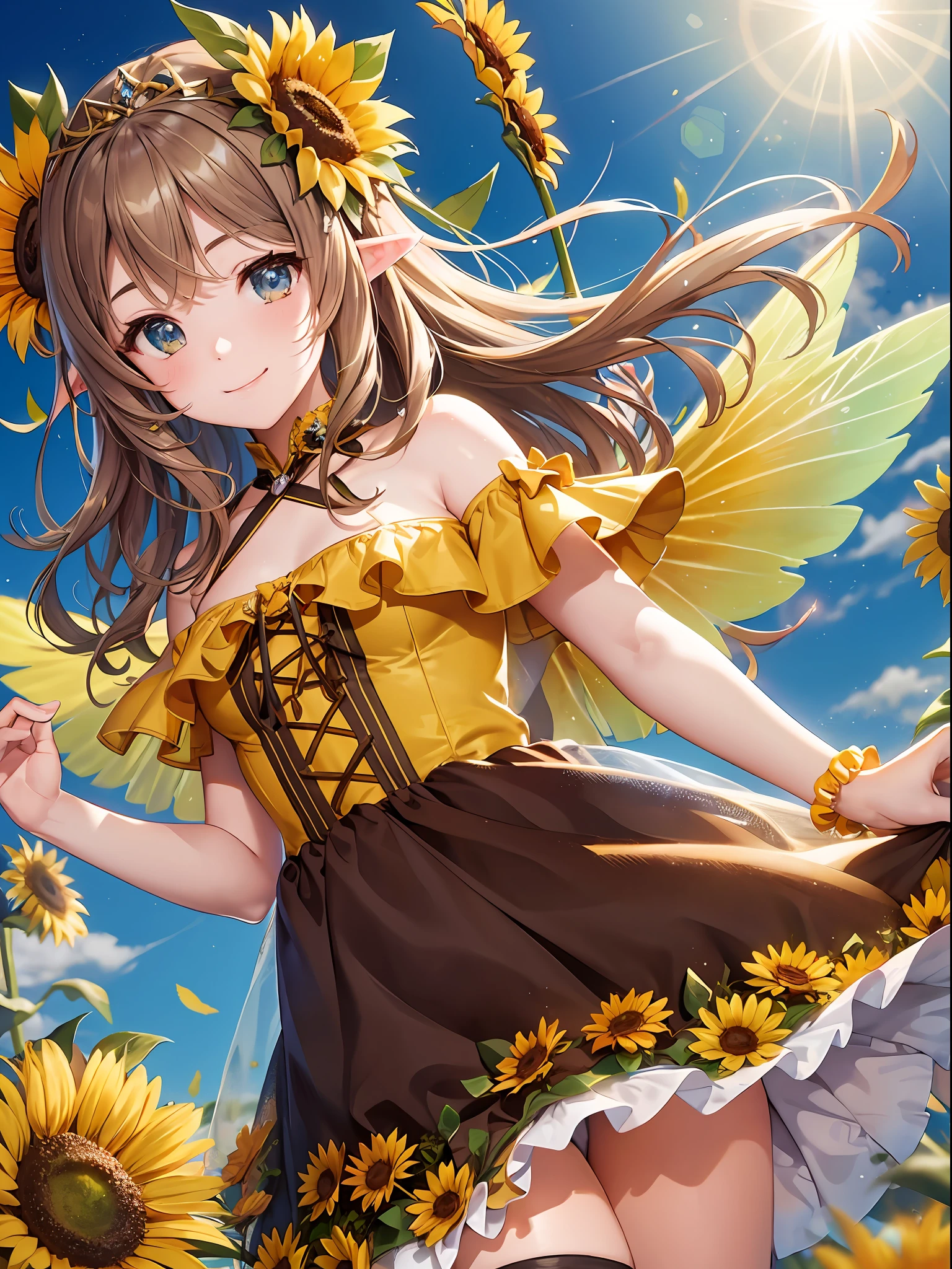 Girl, sunflower fairy, elven ears, fairy wings, beautiful detailed eyes. Eyes mixed with brown and blue. Brown shorthair. Sunflower hair ornament. Tiara. Yellow dress. Fluttering miniskirt. Playing with sunflowers. The depth of field in the photo is perfect, and the lens flare adds a nice touch. Cheerful smile. For this photo the score is definitely over 10. The background is a flower field of sunflowers. Jumping.