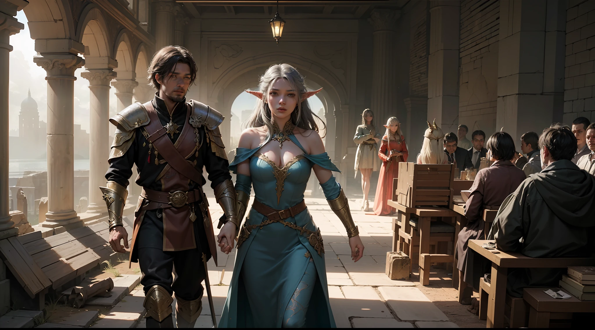 ((Best quality)), ((masterpiece)), (highly detailed:1.3)3D,tanjoreai , Amidst a realm of enchantment and mythical wonders, tales of (heroes:1.1) and (heroines:1.2) unfold. In this realm, ancient prophecies foretell the rise of a chosen champion destined to confront a malevolent force threatening to plunge the world into eternal darkness. The path to victory lies scattered across exotic and otherworldly landscapes, from mist-shrouded forests to towering crystalline peaks and (ethereal floating islands:1.1).Harnessing the arcane arts, (mighty wizards:1.1) conjure spells that weave intricate patterns of magic, while (elven archers:1.1) unleash arrows infused with ancient power. (Dwarven smiths craft legendary weapons:1.1) imbued with the essence of mythical creatures, capable of vanquishing even the most formidable foes.The heroes embark on a perilous quest, guided by ancient scrolls and cryptic riddles. Along their journey, they encounter wise mystics, shape-shifting creatures, and (mysterious sorceresses:1.1) who possess forbidden knowledge.As the heroes traverse the realms, ancient ruins and forgotten temples reveal long-lost secrets and powerful artifacts. The clash of steel and the crackling of (magical energies:1.1) echo through ancient battlegrounds, as the destiny of the world hangs in the balance. The heroes must summon unwavering courage, unwavering unity, and unlock their true potential to overcome seemingly insurmountable odds and fulfill their heroic destinies.In this realm of high fantasy, where the realms of magic and technology intertwine, where legends are born and (epic:1.2) sagas unfold, where heroes rise and villains fall, embark on a grand adventure that will captivate the imagination and transport you to a world where anything is possible,HDR (High Dynamic Range),Ray Tracing,NVIDIA RTX,Super-Resolution,Unreal 5,Subsurface scattering,PBR Texturing,Post-processing,Anisotropic Filtering,Depth-of-field,Maximum clarity and sharpness,Multi-layered textu