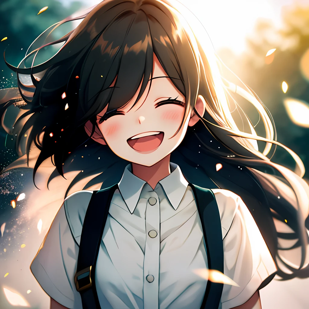 A girl, wearing a comfortable suspender with upper body, (laughs: 1.1), (open mouth: 1.1), (open eyes: 1.2), bright light, background bokeh, depth of field, blurred background, light particles, strong wind, (heart particles: 1.1)