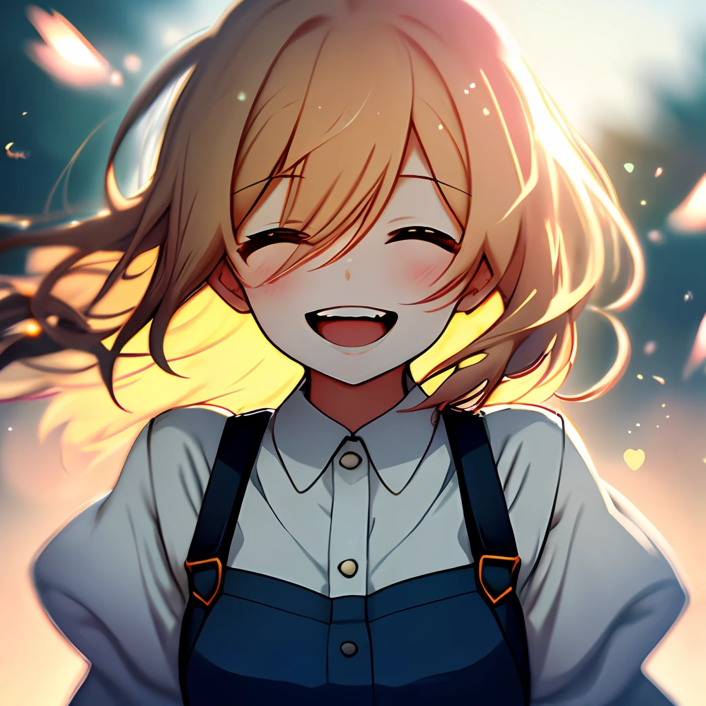 A girl, wearing a comfortable suspender with upper body, (laughs: 1.1), (open mouth: 1.1), (open eyes: 1.2), bright light, background bokeh, depth of field, blurred background, light particles, strong wind, (heart particles: 1.1)