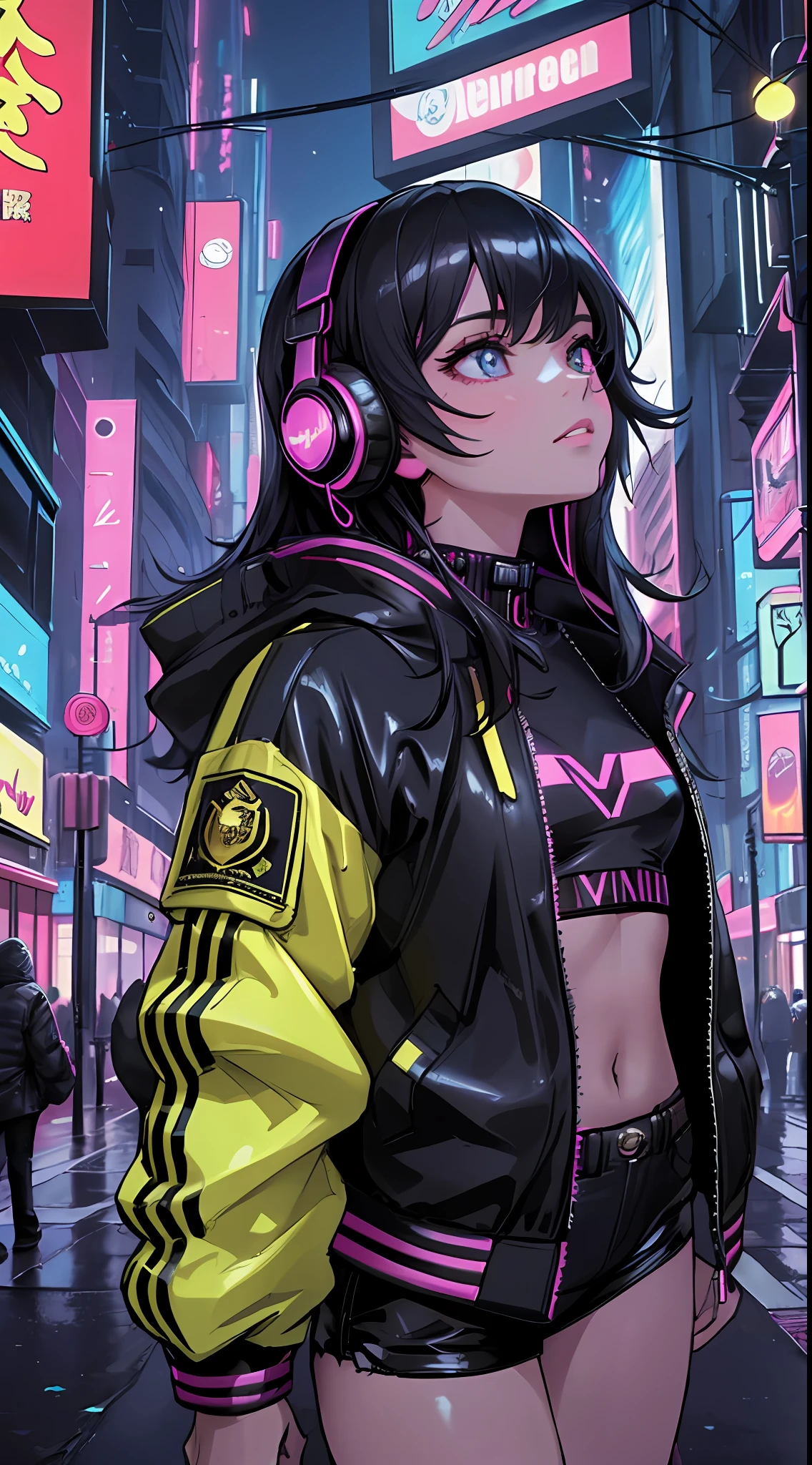 (masterpiece, top quality, best quality, extreme detailed, highest detailed, official art, cinematic composition, beautiful and aesthetic:1.2), colorful, (finely detailed eyes:1.1), beautiful face, perfect body, 1girl, solo, night city, urban city, laterns, street, black | yellow bomber jacket, (neon lights:1.1), small breasts, sfw, stars, (headphone:1.1), (cyberpunk:1.1), (science fiction:1.1), (look up:1.2), (public:1.2)