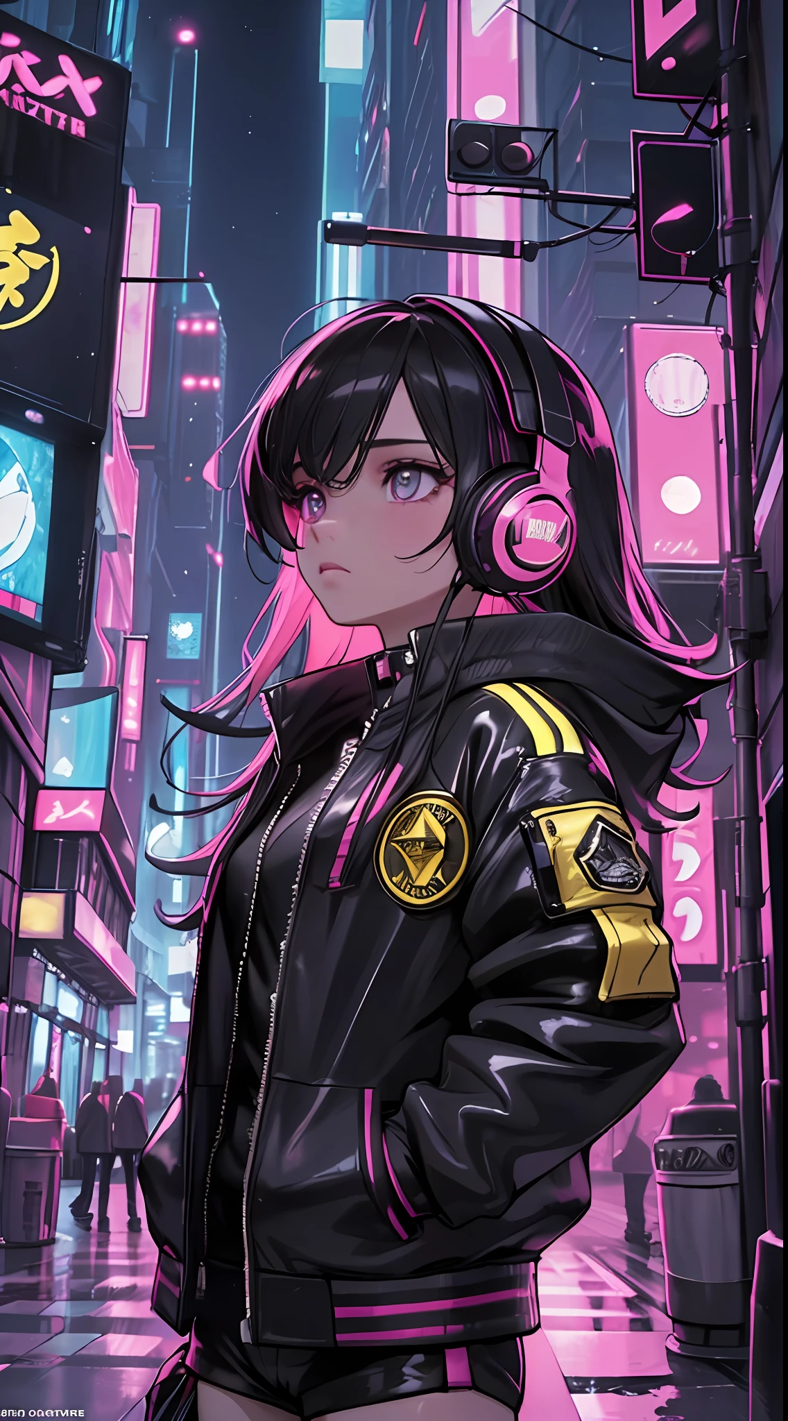 (masterpiece, top quality, best quality, extreme detailed, highest detailed, official art, cinematic composition, beautiful and aesthetic:1.2), colorful, (finely detailed eyes:1.1), beautiful face, perfect body, 1girl, solo, night city, urban city, laterns, street, black | yellow bomber jacket, (neon lights:1.1), small breasts, sfw, stars, (headphone:1.1), (cyberpunk:1.1), (science fiction:1.1), (look up:1.2), (public:1.2)