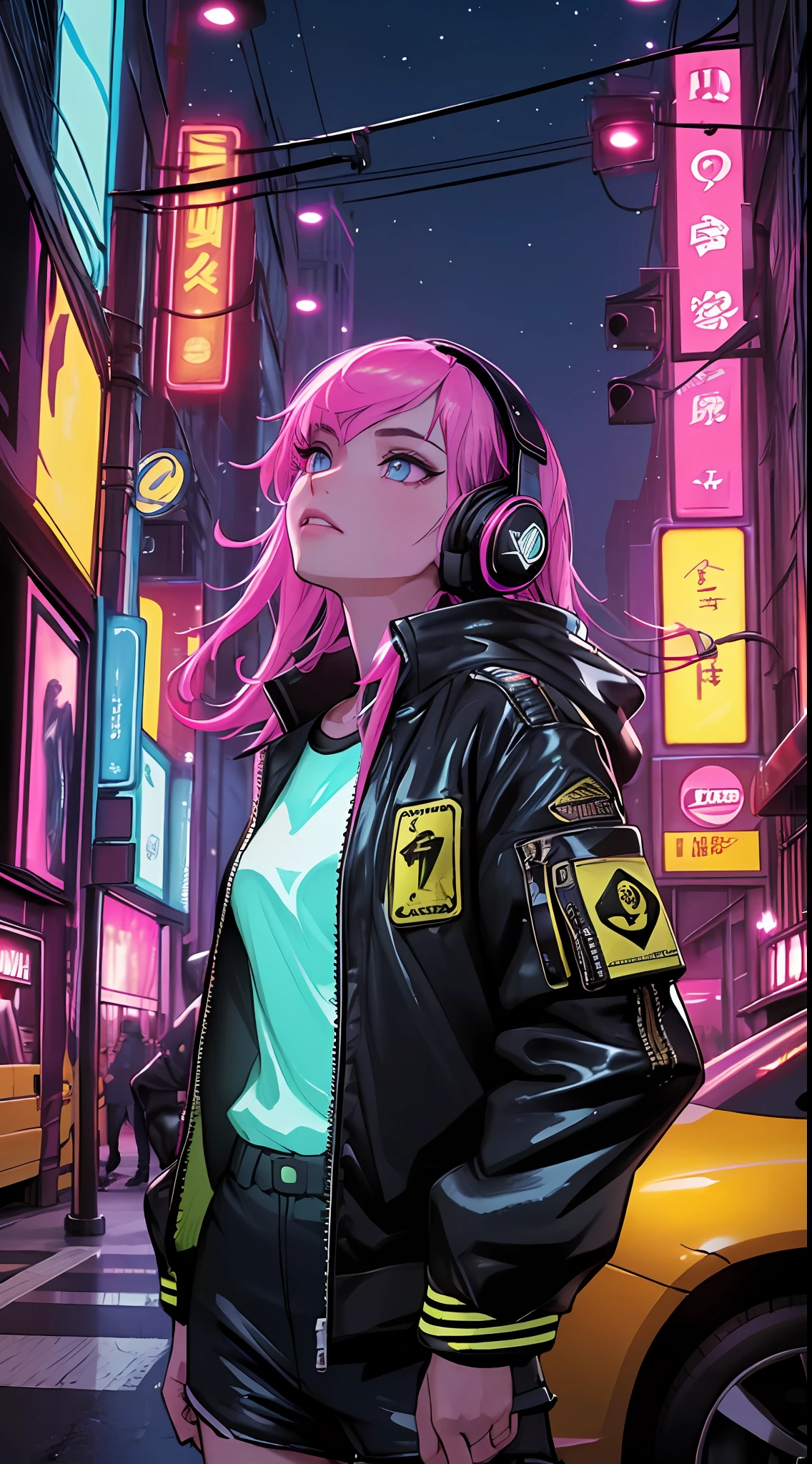 (masterpiece, top quality, best quality, extreme detailed, highest detailed, official art, cinematic composition, beautiful and aesthetic:1.2), colorful, (finely detailed eyes:1.1), beautiful face, perfect body, 1girl, solo, night city, urban city, laterns, street, black | yellow bomber jacket, (neon lights:1.1), small breasts, sfw, stars, (headphone:1.1), (cyberpunk:1.1), (science fiction:1.1), (look up:1.2), (public:1.2)