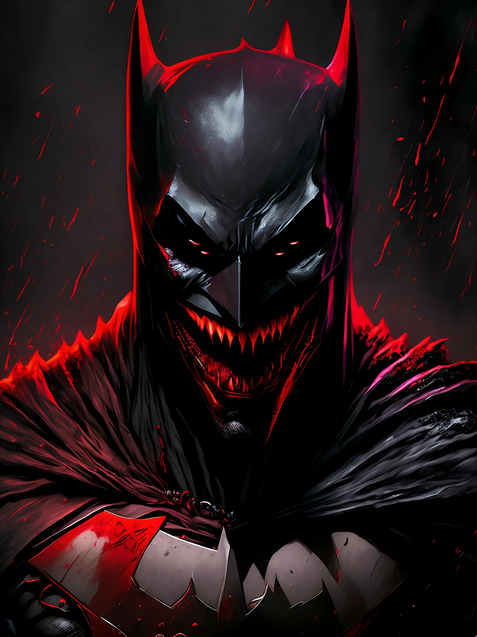 "Dark portrayal of Batman laughing at DC with red eyes and holding the joker's head in his right hand, intense darkness, deep shadows, leaking red light, macabre close-up, real texture