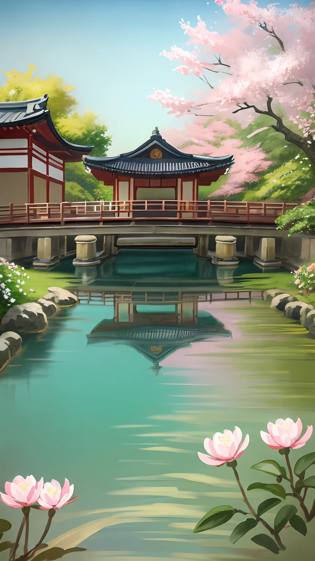 (digital painting),(best quality), (buildings:1.3), serene Japanese garden, cherry blossoms in full bloom, koi pond, footbridge, pagoda, Ukiyo-e art style, Hokusai inspiration, Deviant Art popular, 8k ultra-realistic, pastel color scheme, soft lighting, golden hour, tranquil atmosphere, landscape orientation