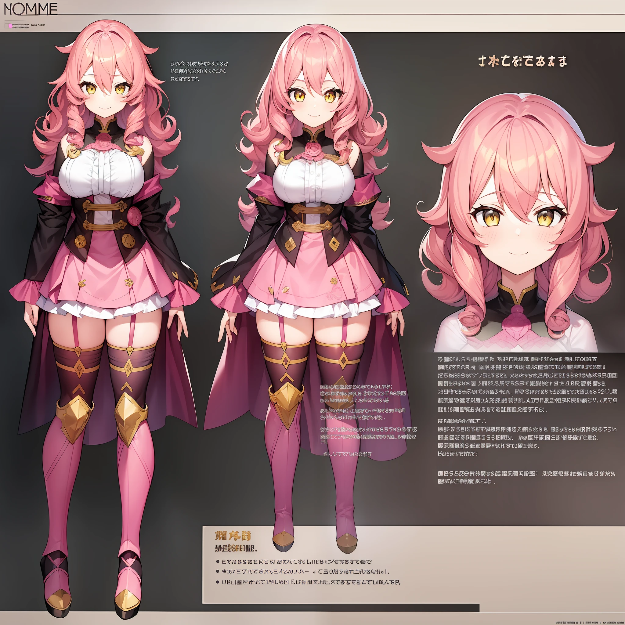 1girl, curly hair, pink hair, yellow eyes, smile, character chart, reference sheet, three-sided view, anime, anatomically correct, high details, high quality