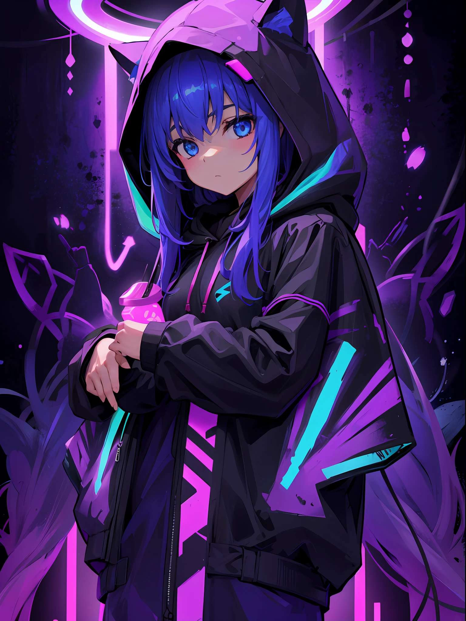 Girl, Hoodie, cool, blacklight, hood down