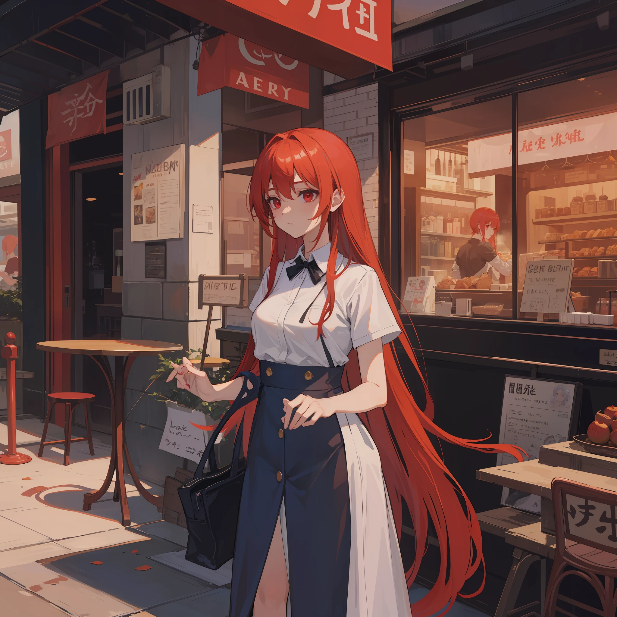 A lady of heaven, red hair, red eyes wearing casual cafeteria clothes, standing outside cafetaria still thinking