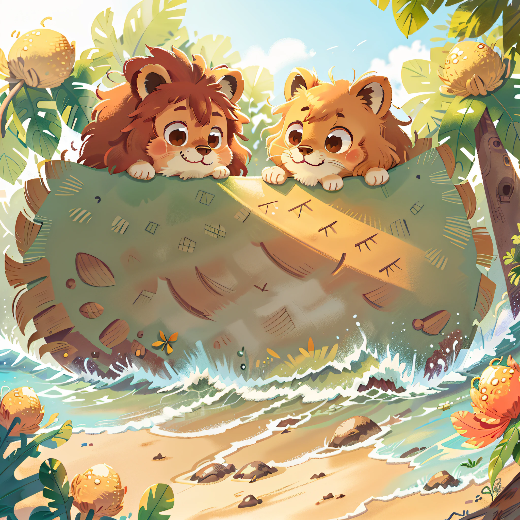 animal Lion, beach, sun, intense brightness, outdoors, beach, sand, refreshing waves, wonders of nature, happy, happy, perfect quality, clear focus (mess-house: 0.8), (masterpiece: 1.2) (Realistic: 1.2) (Bokeh) (Best quality) (Detailed Skin: 1.3) (Intricate Details) (8K) (Detail Eyes) (Sharp Focus), (Happy)