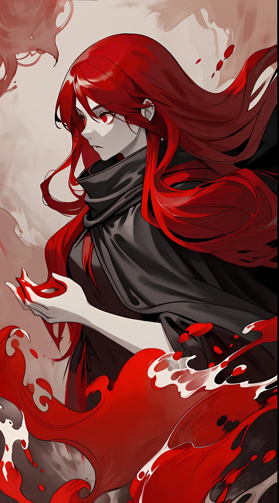 1girl,(red hair)),red eyes,萝,long hair,(loose long hair),((black cloak)),(cape hood),scarf,red moon on the sky,night,floating red flowers falling,upper body,ruins,intense shadows,ash,fire,ice,((Ink wash painting)),((ink splashing)),((color splashing)),
