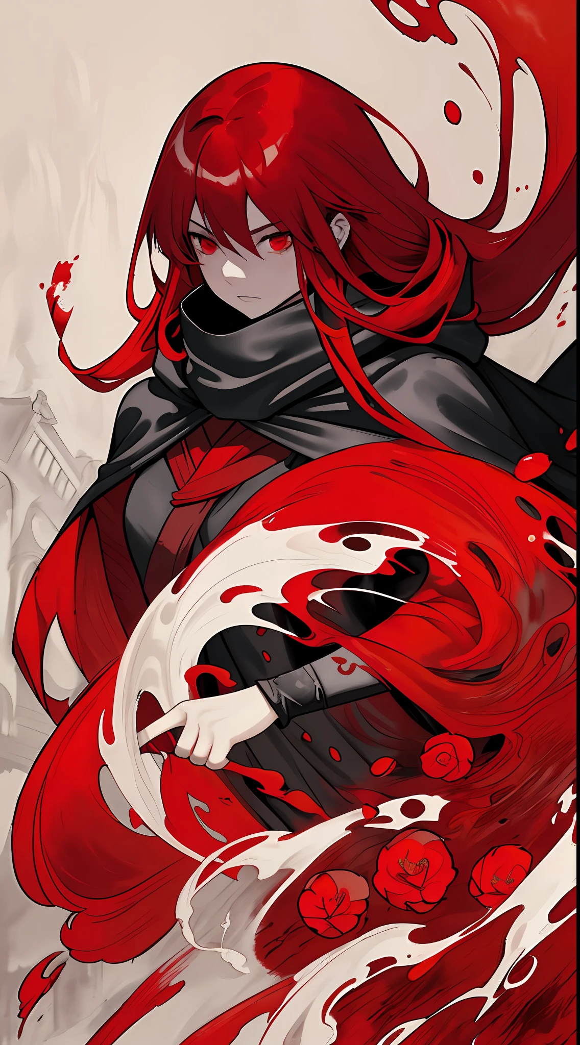 1girl,(red hair)),red eyes,萝,long hair,(loose long hair),((black cloak)),(cape hood),scarf,red moon on the sky,night,floating red flowers falling,upper body,ruins,intense shadows,ash,fire,ice,((Ink wash painting)),((ink splashing)),((color splashing)),
