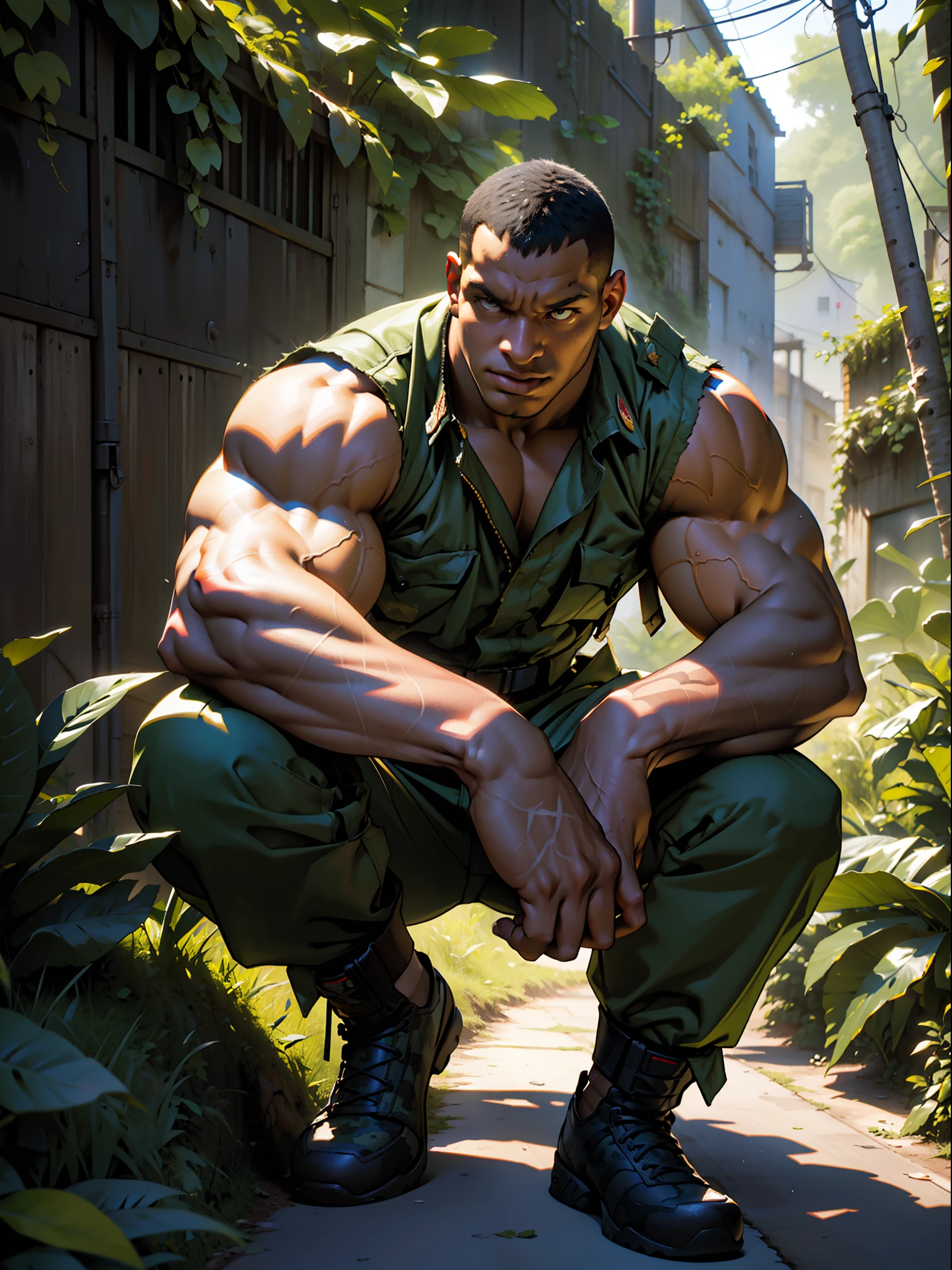 soldier, ((balrog)), military, background sheds and various soldiers, Illuminated by sunlight, day, jungle camouflage uniform, fn parafal, attention posture, Digital art, 3D, Realistic raytraicing, Cinematic light, (street fighter), 1man