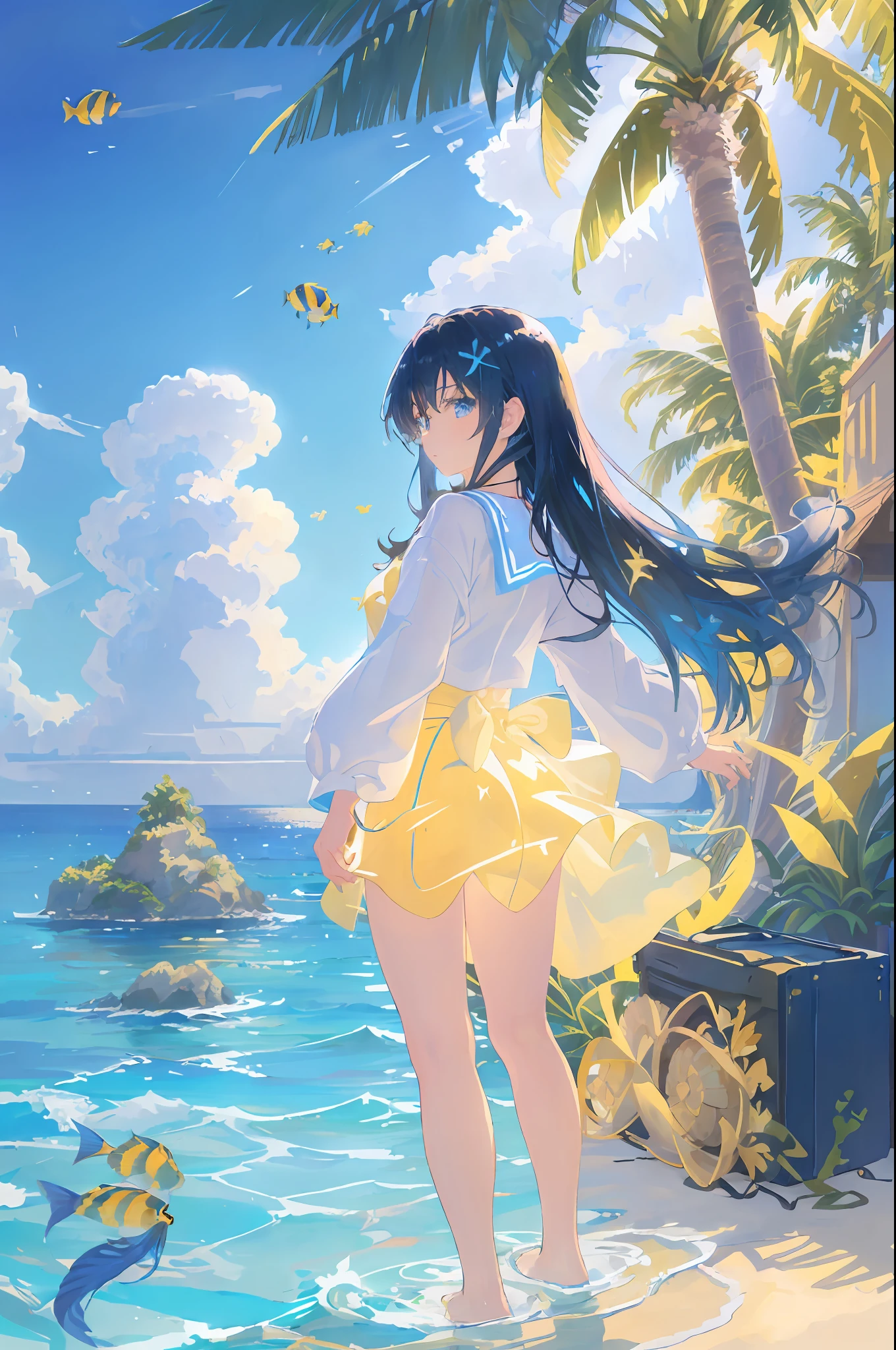 art by Cornflower, dreamy, (A beautiful maiden, anime-style girl, blue eyes, long black hair, wearing light yellow, shiny, long sleeves, open chest, long skirt swimsuit, pink, white, and yellow, heart posing above, hands on hips, in front of the beach and bright blue sky, clouds above, palm trees in the background on both sides of the picture, and a lot of blue and yellow fish swimming around in the sea