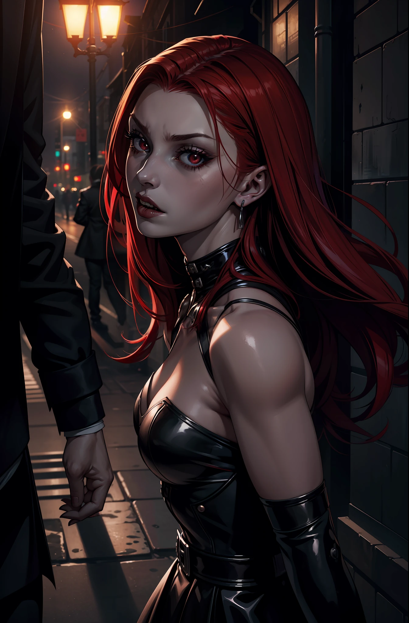 (extremely detailed 8k wallpaper), Vampire the Masquerade, modern horror, 2020s, 1 vampire child girl attacking a person, sharp focus, (subsurface scattering:1.1), centered face, Sophie Turner's face girl, red hair, award-winning photograph, in a dimly lit alley of a big city at night, dramatic lighting