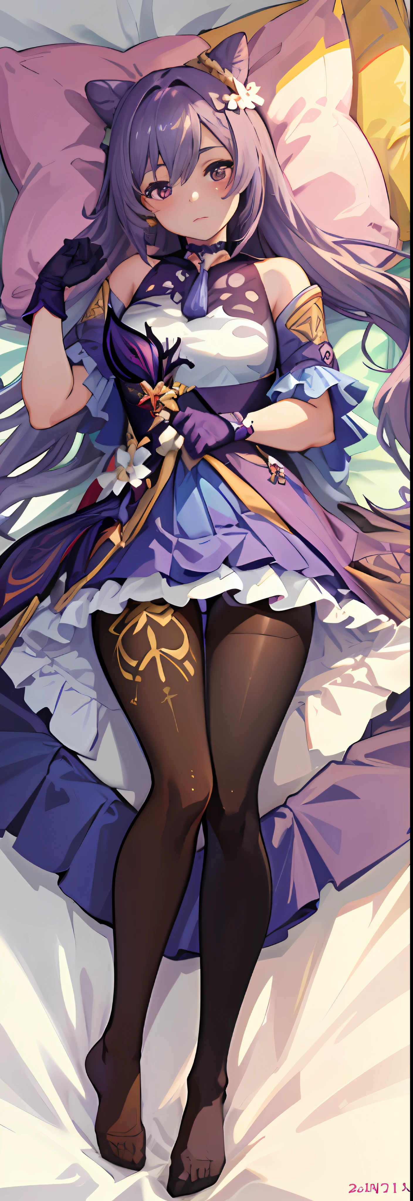 (Masterpiece, best quality, detailed), 4K, realistic, very detailed, there is a girl in bed, she is sleepy, all over, keqingdef, dakimakura, lying down