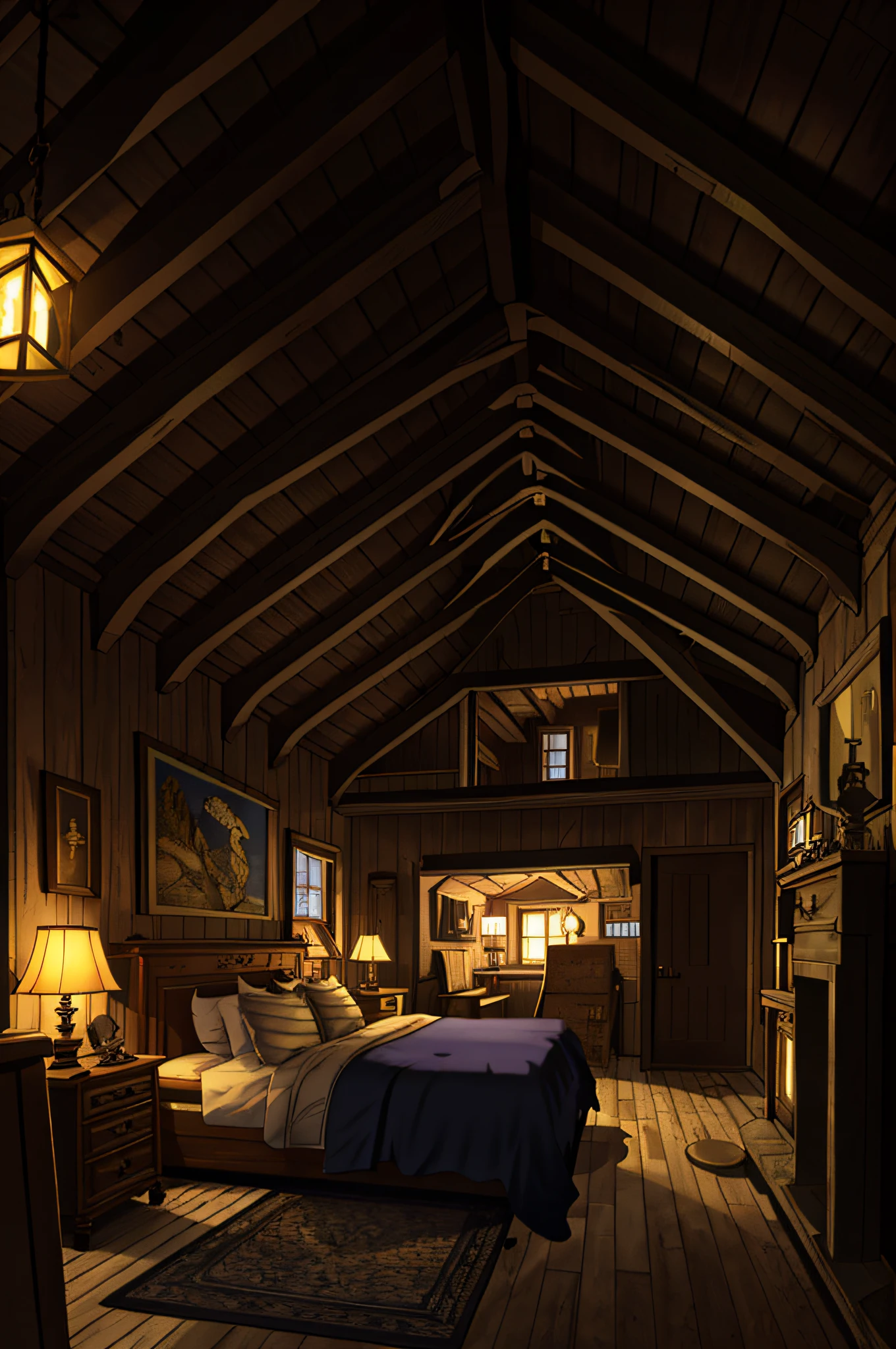 Monster, interior of a cottage, night, solo, ((masterpiece))