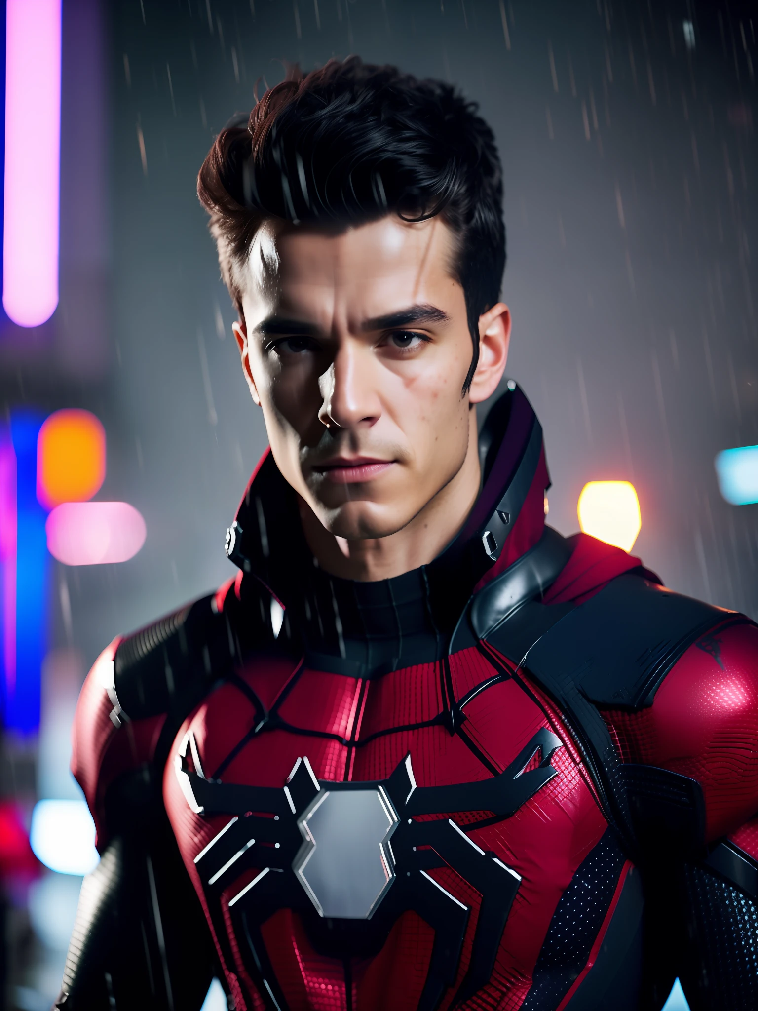 Spiderman, no mask, award-winning photo of a man, Red and black superhero suit, square jawline, asymmetric face, big hair, in rain, angry, purple light, 80mm, bokeh, mass effect, close up, fking_cinema_v2, 8k, cinematic