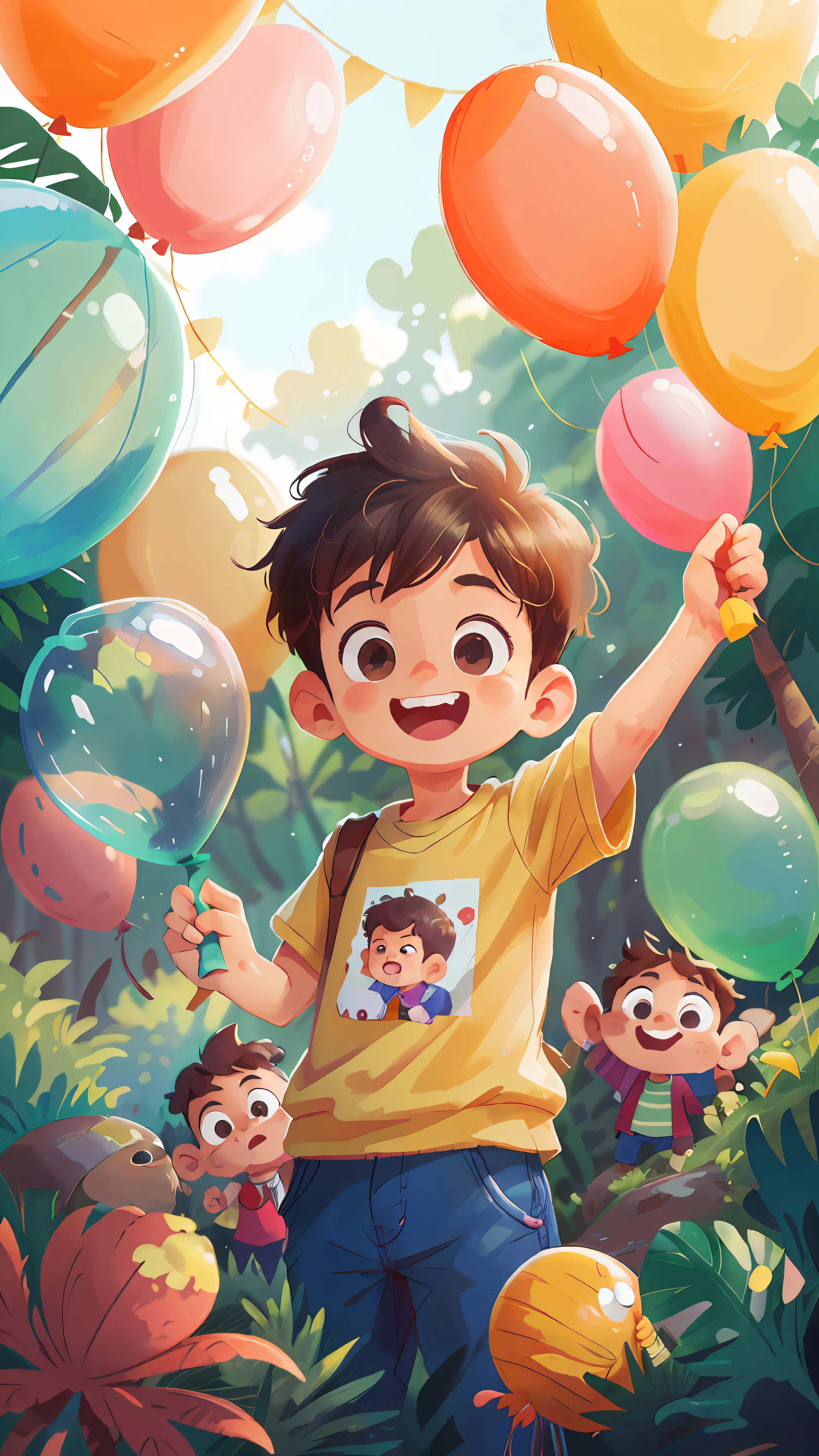 A boy, zoo, many balloons, happy, happy, perfect quality, clear focus (clutter - home: 0.8), (masterpiece: 1.2) (realistic: 1.2) (bokeh) (best quality) (detailed skin: 1.3) (intricate details) (8K) (detail eyes) (sharp focus), (happy)