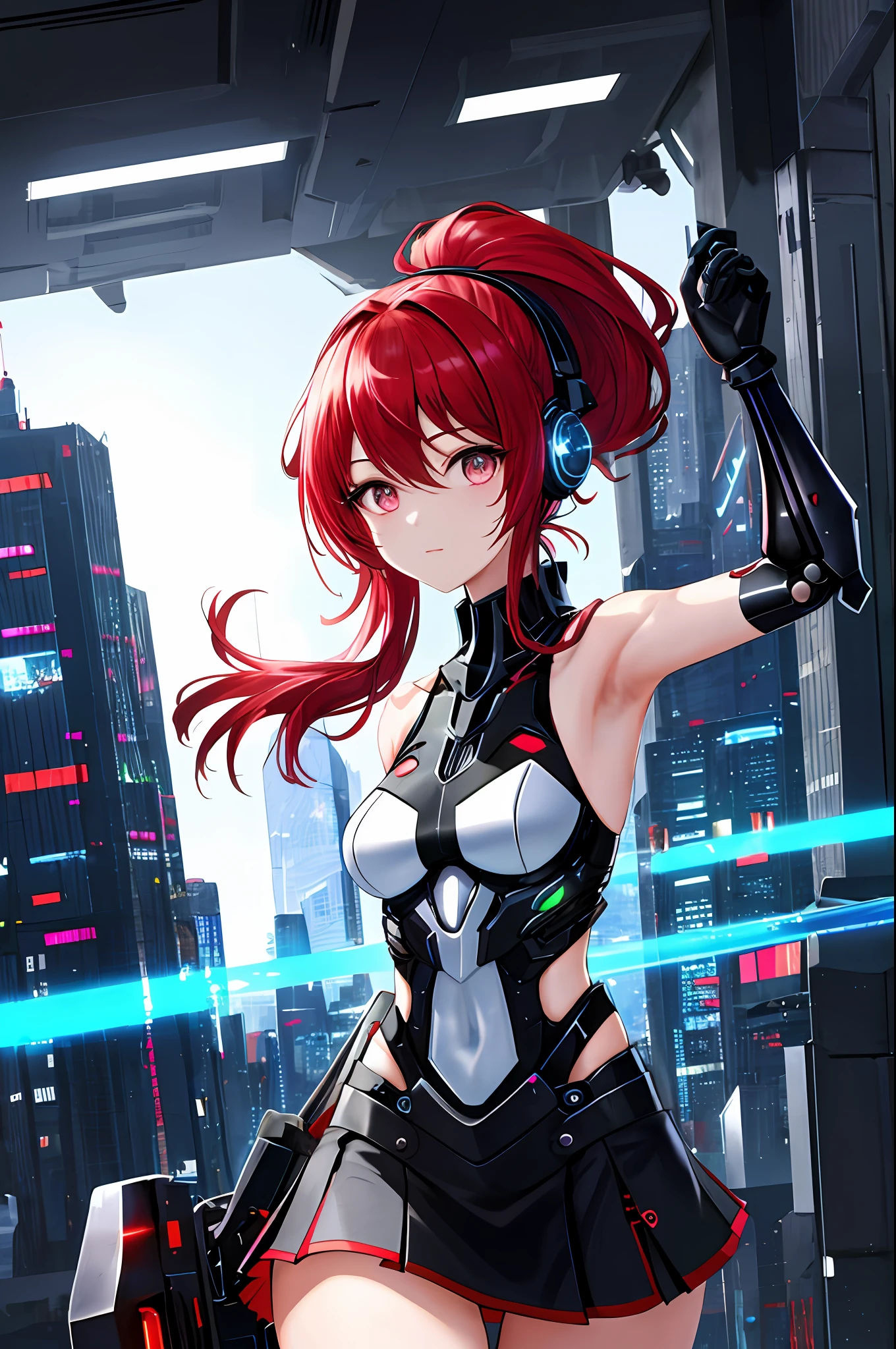 the highest quality, masterpiece, very precise details, absurdism, very fine 8KCG wallpapers, extremely delicate and beautiful girl, highly detailed character, incredibly beautiful, BREAK, (transcendent beautiful girl: 1.5), BREAK, (ponytail, shiny hair, scarlet hair), delicate beautiful face, highly detailed eyes and face, BREAK, (exoskeleton leotard), (red eye), break, (mechanical joints, mechanical limbs: 1.4), perfect five fingers, BREAK, (bare shoulders and armpits), absolute area, (headphones), (black miniskirt), BREAK, cyberpunk, open stance, Neon glowing city,