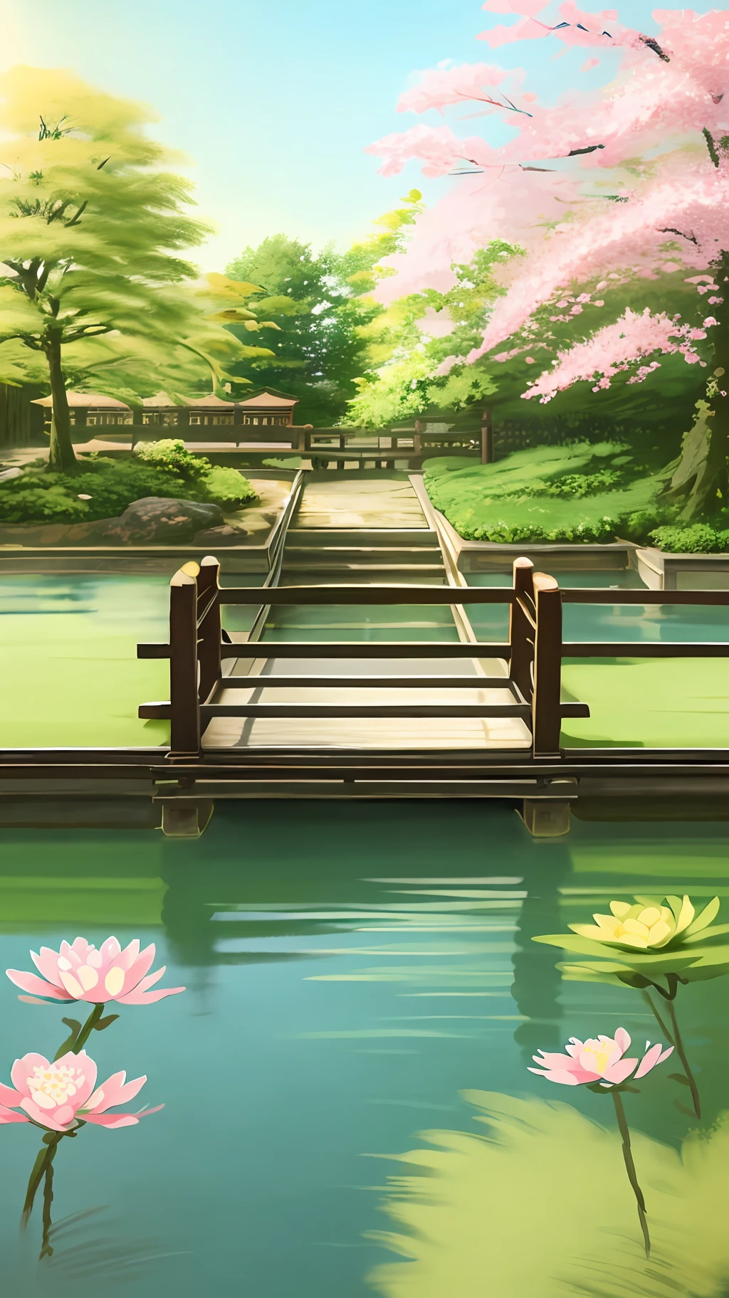 (digital painting),(best quality), (buildings:1.3), serene Japanese garden, cherry blossoms in full bloom, koi pond, footbridge, pagoda, Ukiyo-e art style, Hokusai inspiration, Deviant Art popular, 8k ultra-realistic, pastel color scheme, soft lighting, golden hour, tranquil atmosphere, landscape orientation