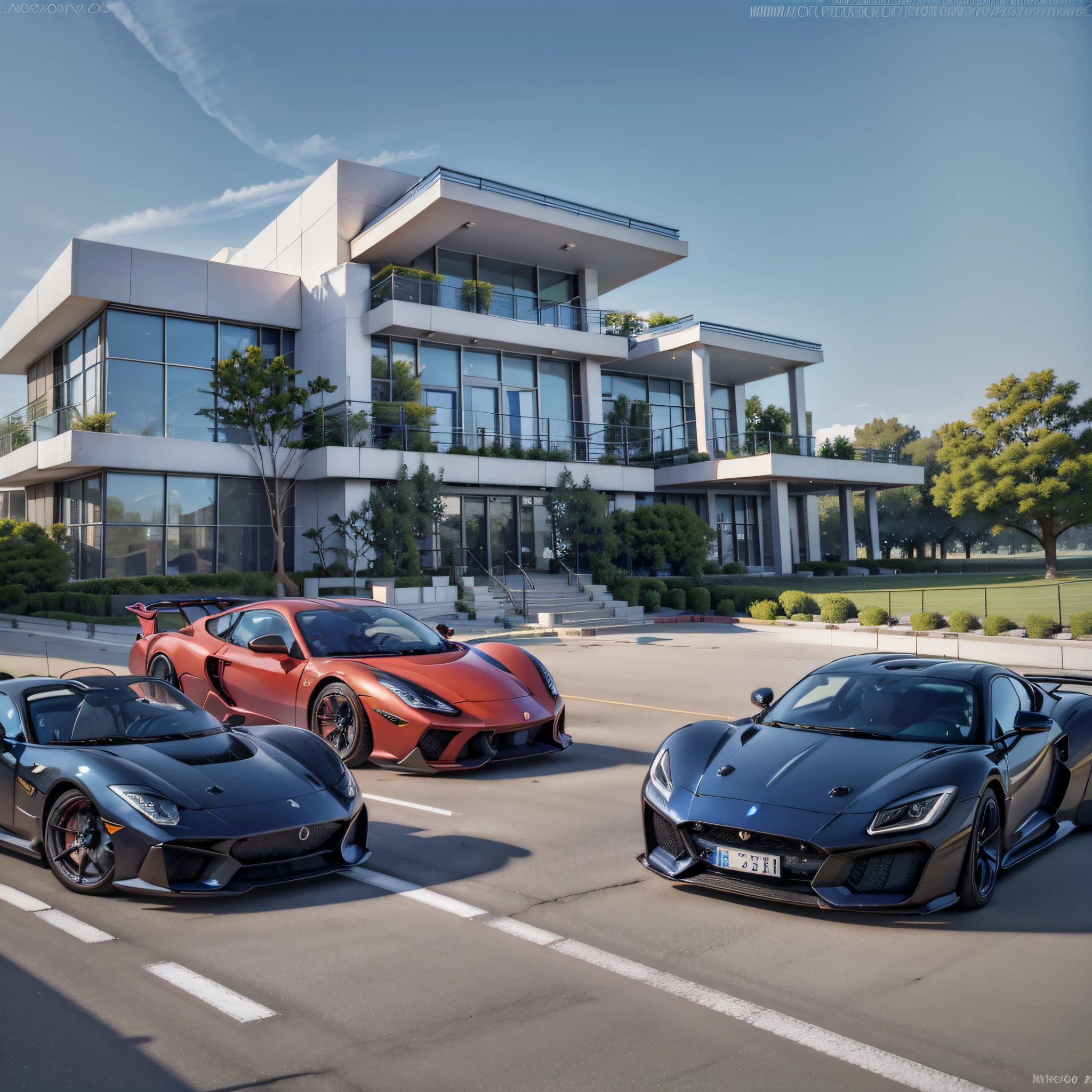 Modern mansion from afar with super cars right in the middle and far ahead, photo with strong and vibrant colors + blue sky --auto --s2