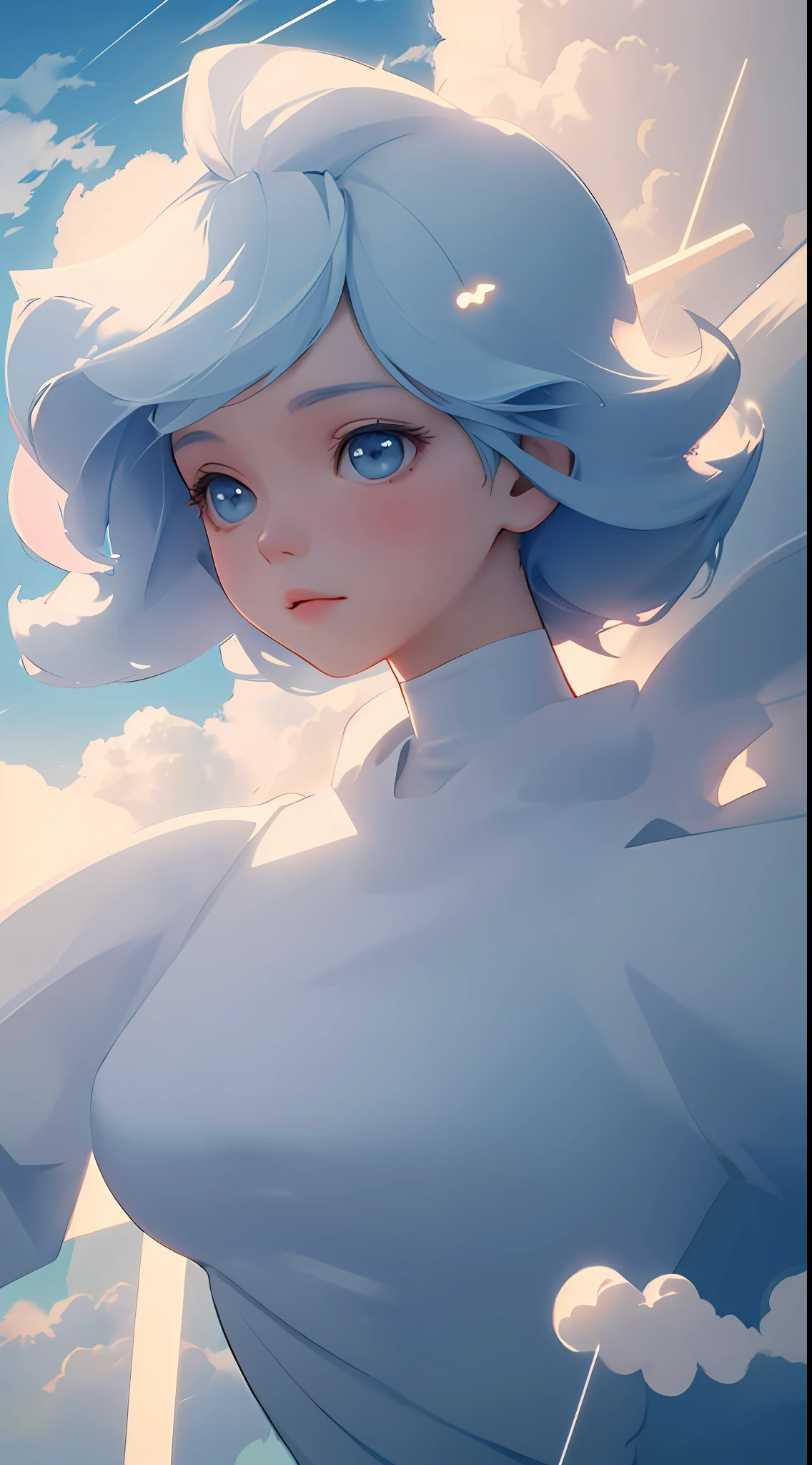 masterpiece, best quality, movie still, 1girl, floating in the sky, cloud girl, cloud, (close-up:1.1), bright, happy, fun, soft lighting, (Bauhaus, shapes, lines, abstract:1.1)