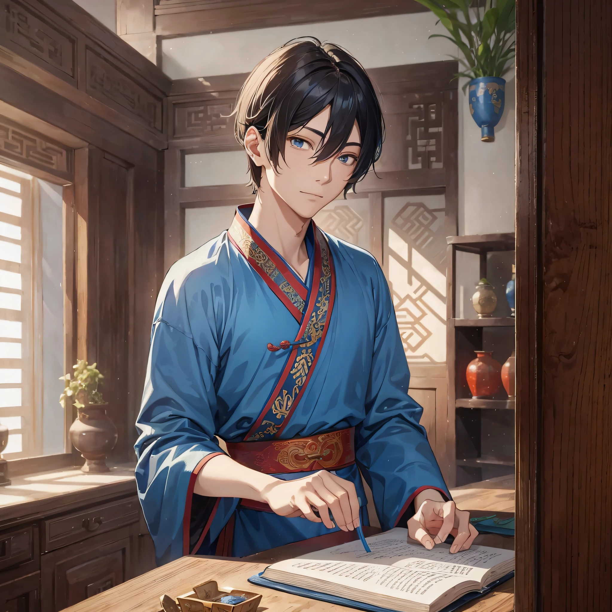 In ancient China, in the mansion, the skinny young man in blue cloth scholar (1.2)