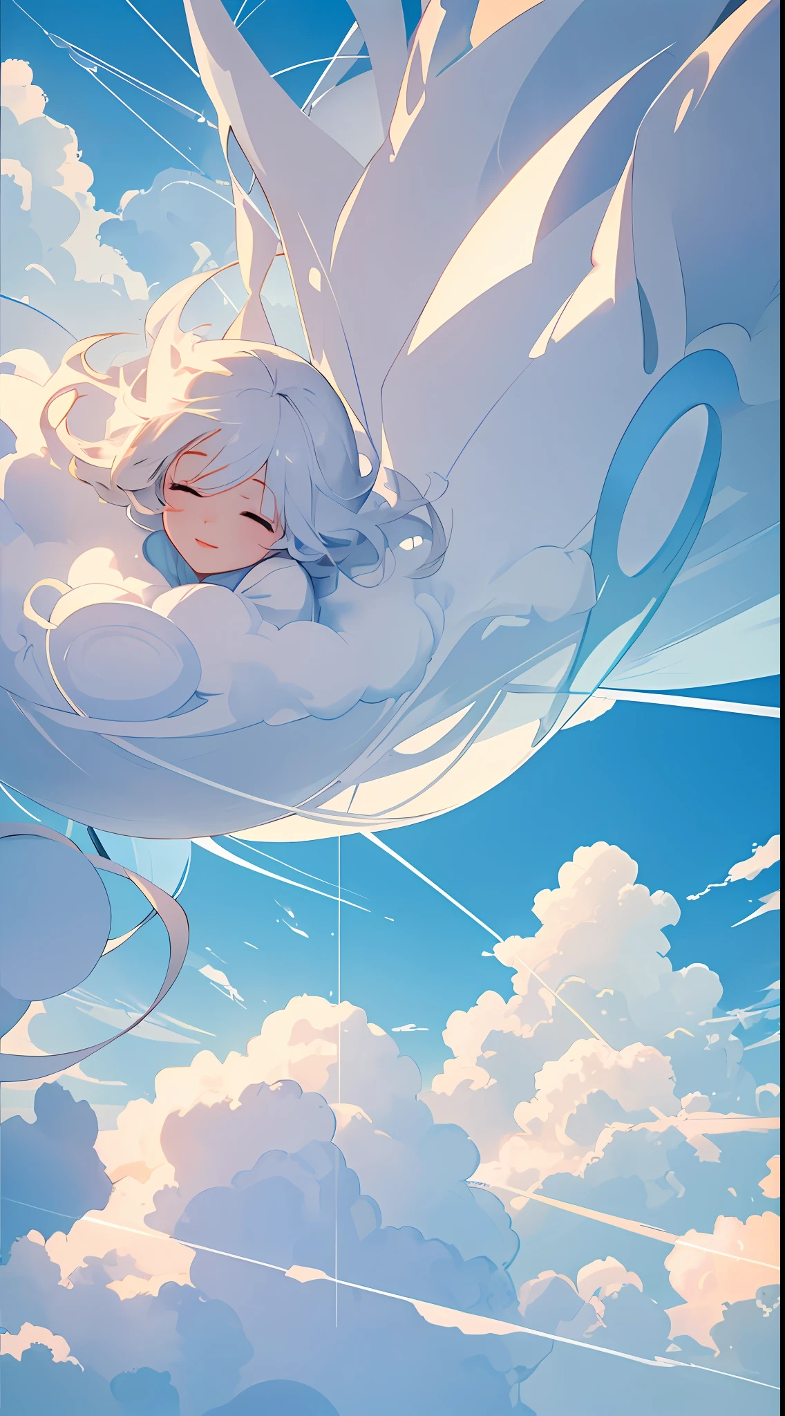 masterpiece, best quality, movie still, 1girl, floating in the sky, cloud girl, cloud, (close-up:1.1), bright, happy, fun, soft lighting, (Bauhaus, shapes, lines, abstract:1.1)