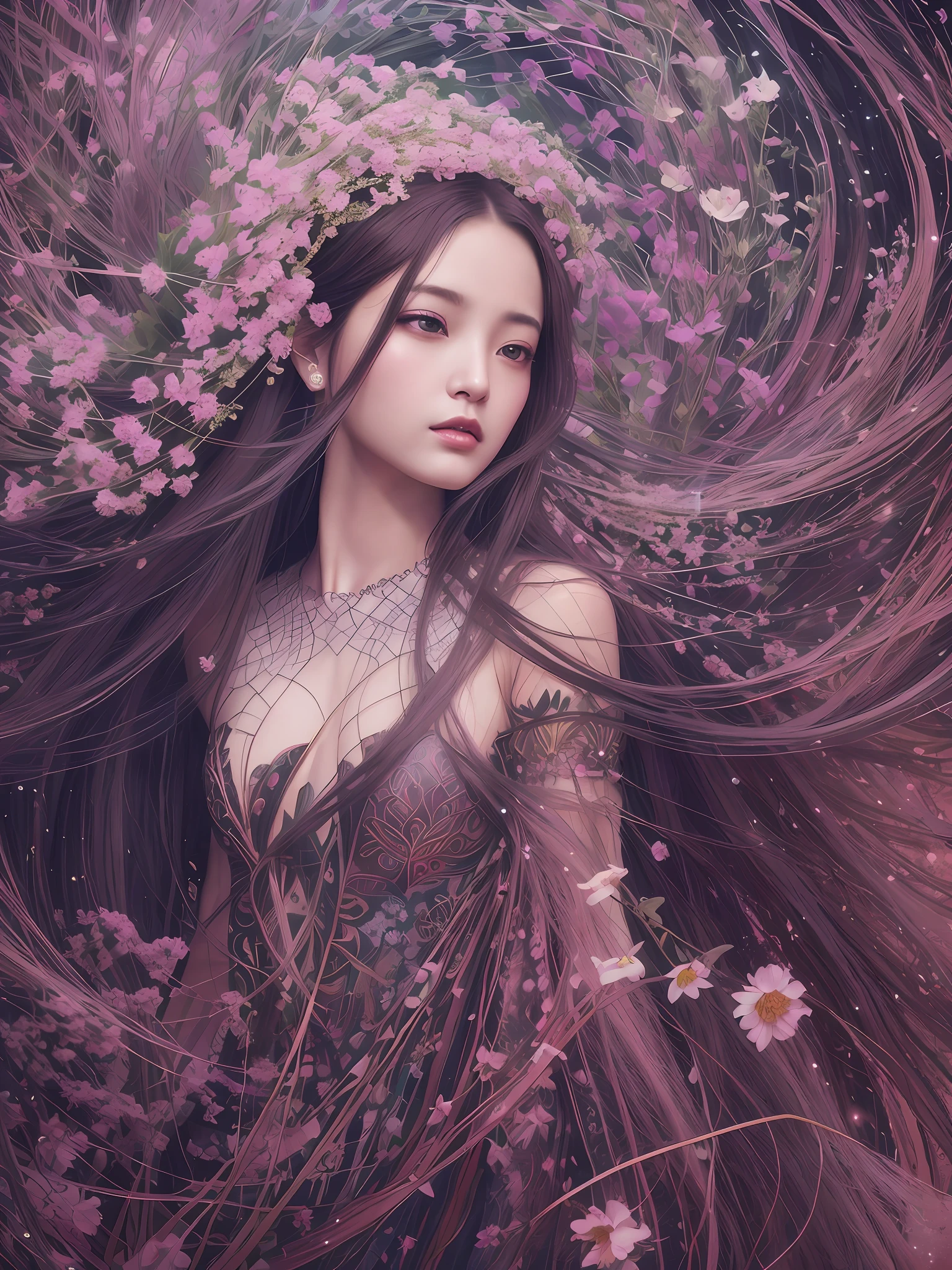 Arafede woman with long brown hair and flowers on her head, subtle fantasy, subtle beauty, jingna Zhang, beautiful fantasy art portrait, fantasy art style, beautiful fantasy portrait, floral storm portrait, beautiful digital artwork, beautiful fantasy art, digital fantasy art), intricate flop, flower. High Fantasy, Wlop and Ross Tran, Fantasy Photography, CG Society, 🌺 Green Eye
