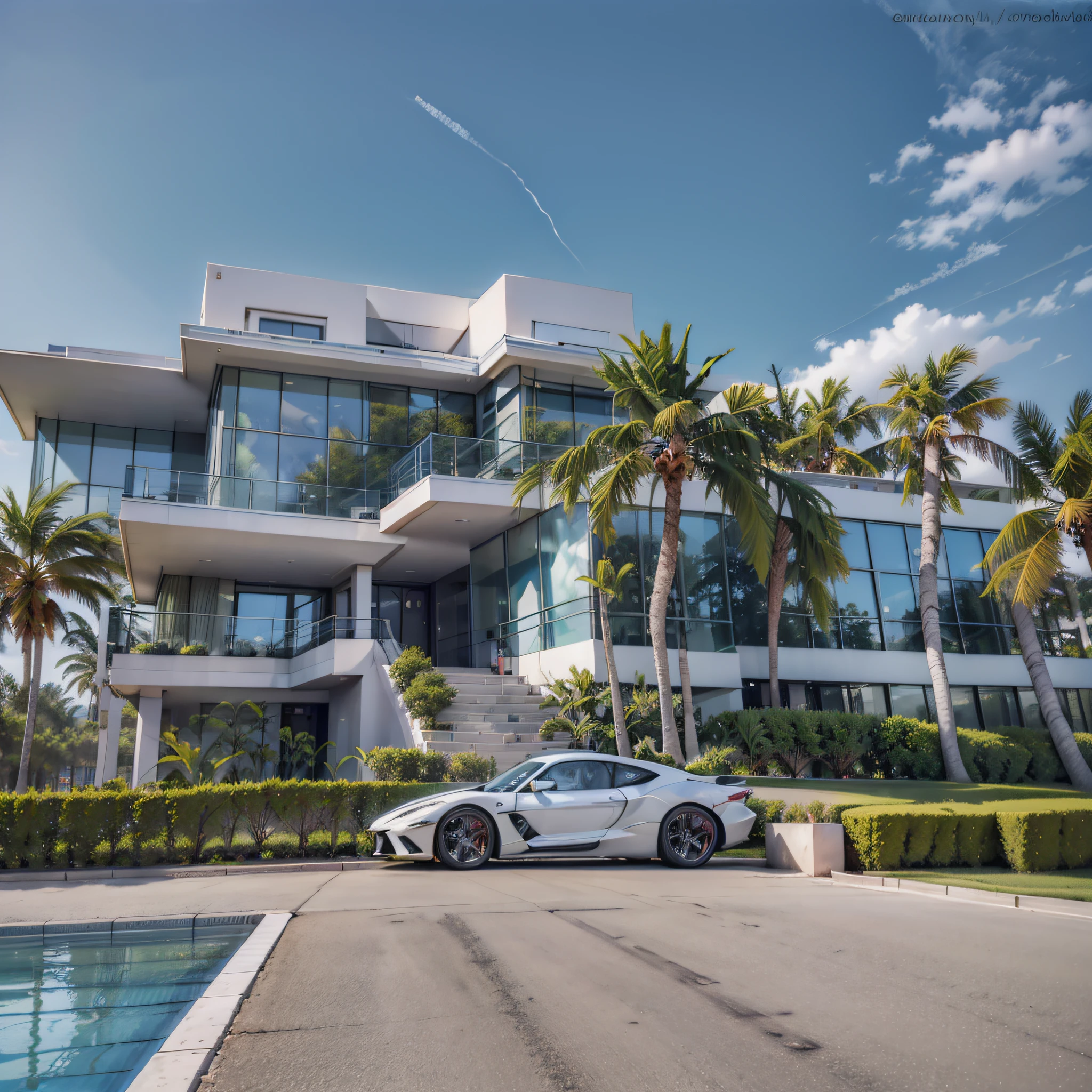 Modern mansion from afar with super cars right in the middle and far ahead, photo with strong and vibrant colors + blue sky --auto --s2