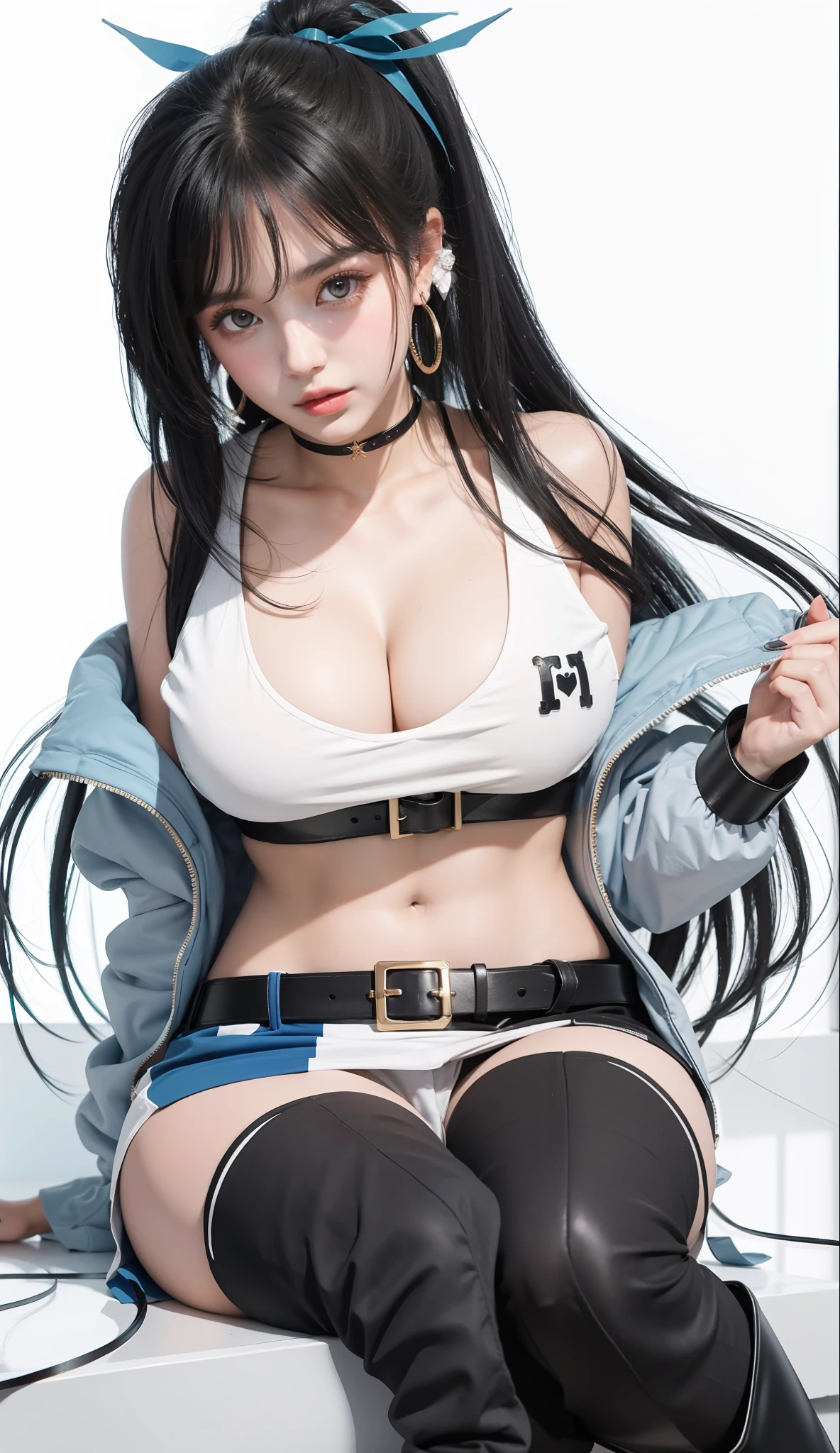 1girl alternate_costume bare_shoulders belt black_belt black_footwear black_hair black_thighhighs blue_archive blush boots breasts cleavage closed_mouth collarbone earrings halo highres holding jewelry large_breasts long_hair long_sleeves looking_at_viewer midriff miniskirt navel off_shoulder ponytail red_eyes rio_(blue_archive) shougun_(chuckni1) simple_background sitting skirt solo thigh_boots thighhighs two-tone_skirt white_background