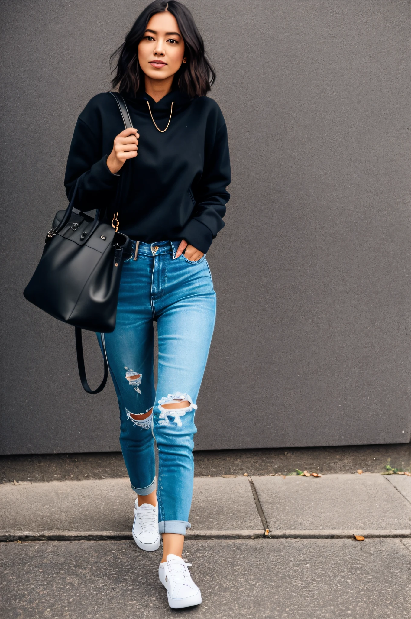 Beautiful woman wearing a pair of All Star sneakers, aged 25, walking down the street, dark background