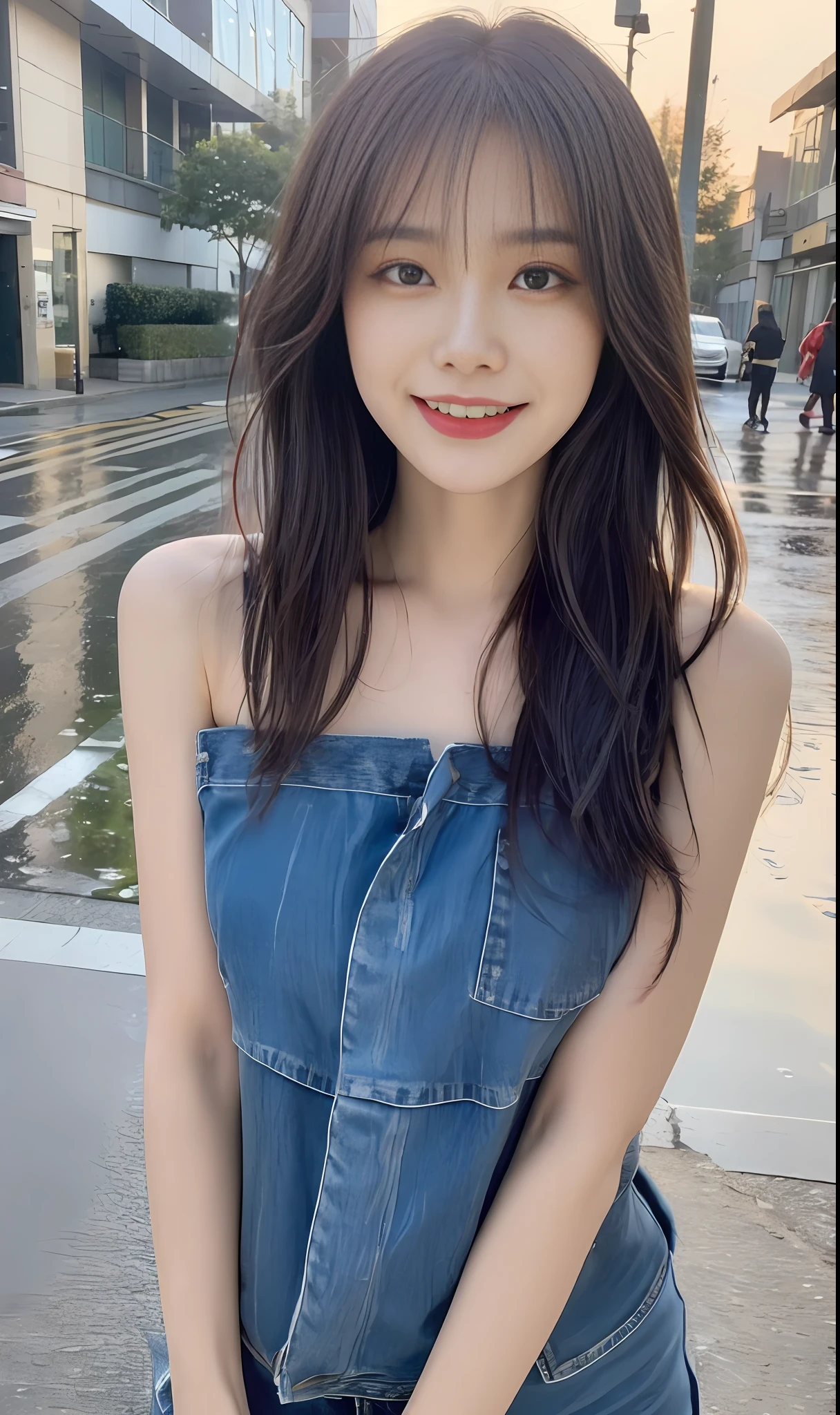 ((Best Quality, 8K, Masterpiece:1.3)), Focus: 1.2, Perfect Body Beauty: 1.4, Buttocks: 1.2, ((Layered Haircut, Breasts: 1.2)), (Wet Clothes: 1.1), (Rain, Street:1.3), Bandeau Dress: 1.1, Highly Detailed Face and Skin Texture, Fine Eyes, Double Eyelids, Whitening Skin, Long Hair, (Shut Up: 1.3), Smile