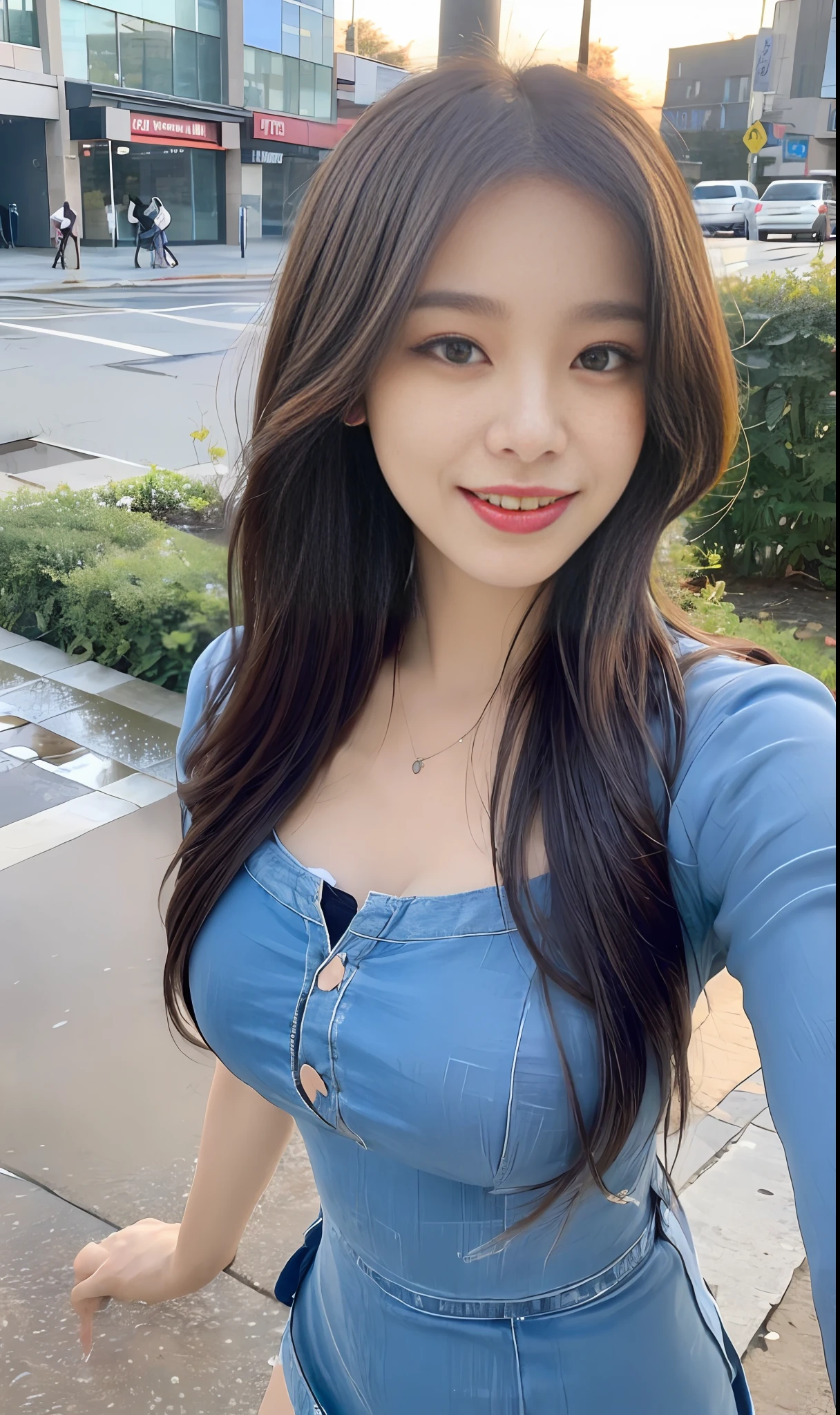 ((Best Quality, 8K, Masterpiece:1.3)), Focus: 1.2, Perfect Body Beauty: 1.4, Buttocks: 1.2, ((Layered Haircut, Breasts: 1.2)), (Wet Clothes: 1.1), (Rain, Street:1.3), Bandeau Dress: 1.1, Highly Detailed Face and Skin Texture, Fine Eyes, Double Eyelids, Whitening Skin, Long Hair, (Shut Up: 1.3), Smile