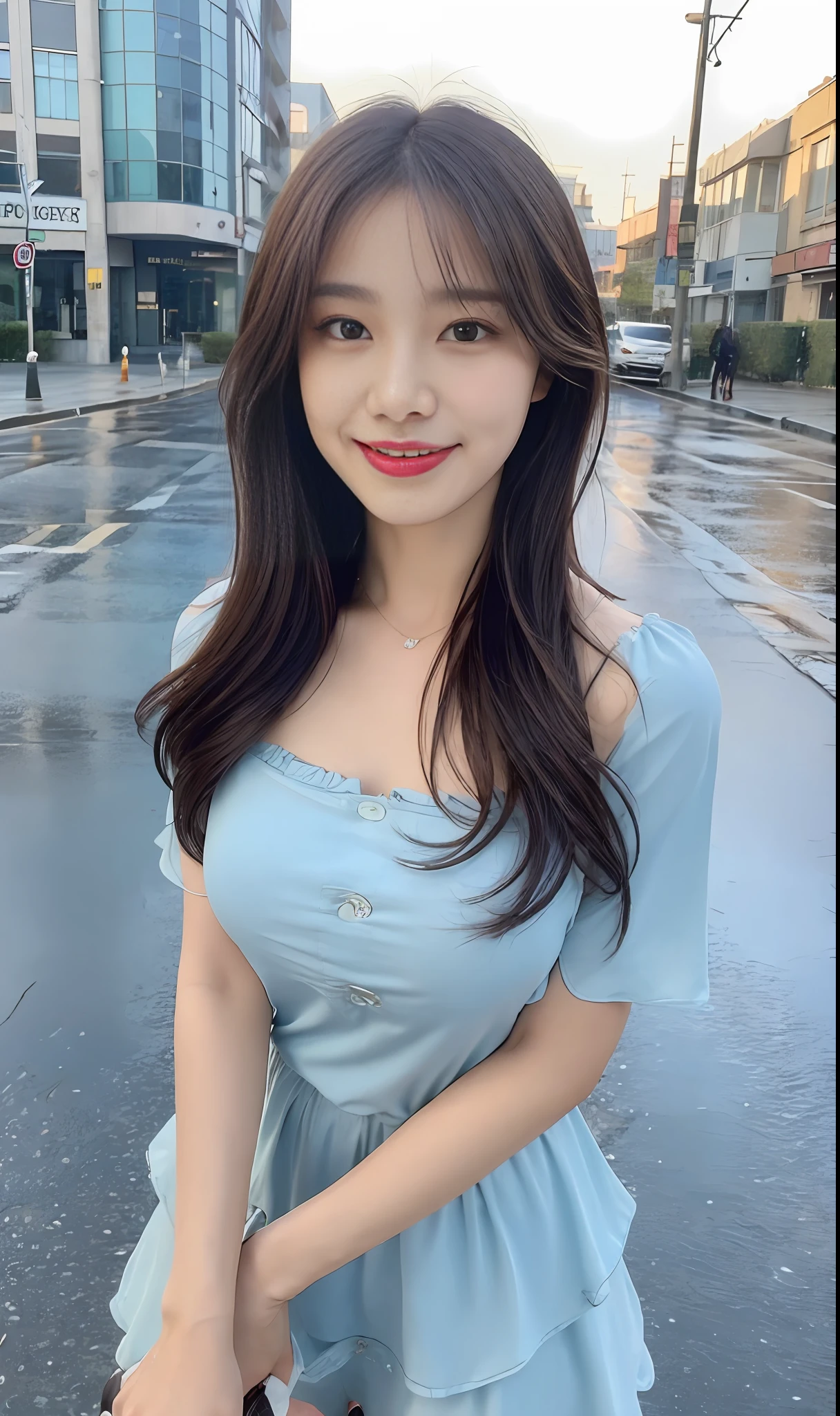 ((Best Quality, 8K, Masterpiece:1.3)), Focus: 1.2, Perfect Body Beauty: 1.4, Buttocks: 1.2, ((Layered Haircut, Breasts: 1.2)), (Wet Clothes: 1.1), (Rain, Street:1.3), Bandeau Dress: 1.1, Highly Detailed Face and Skin Texture, Fine Eyes, Double Eyelids, Whitening Skin, Long Hair, (Shut Up: 1.3), Smile