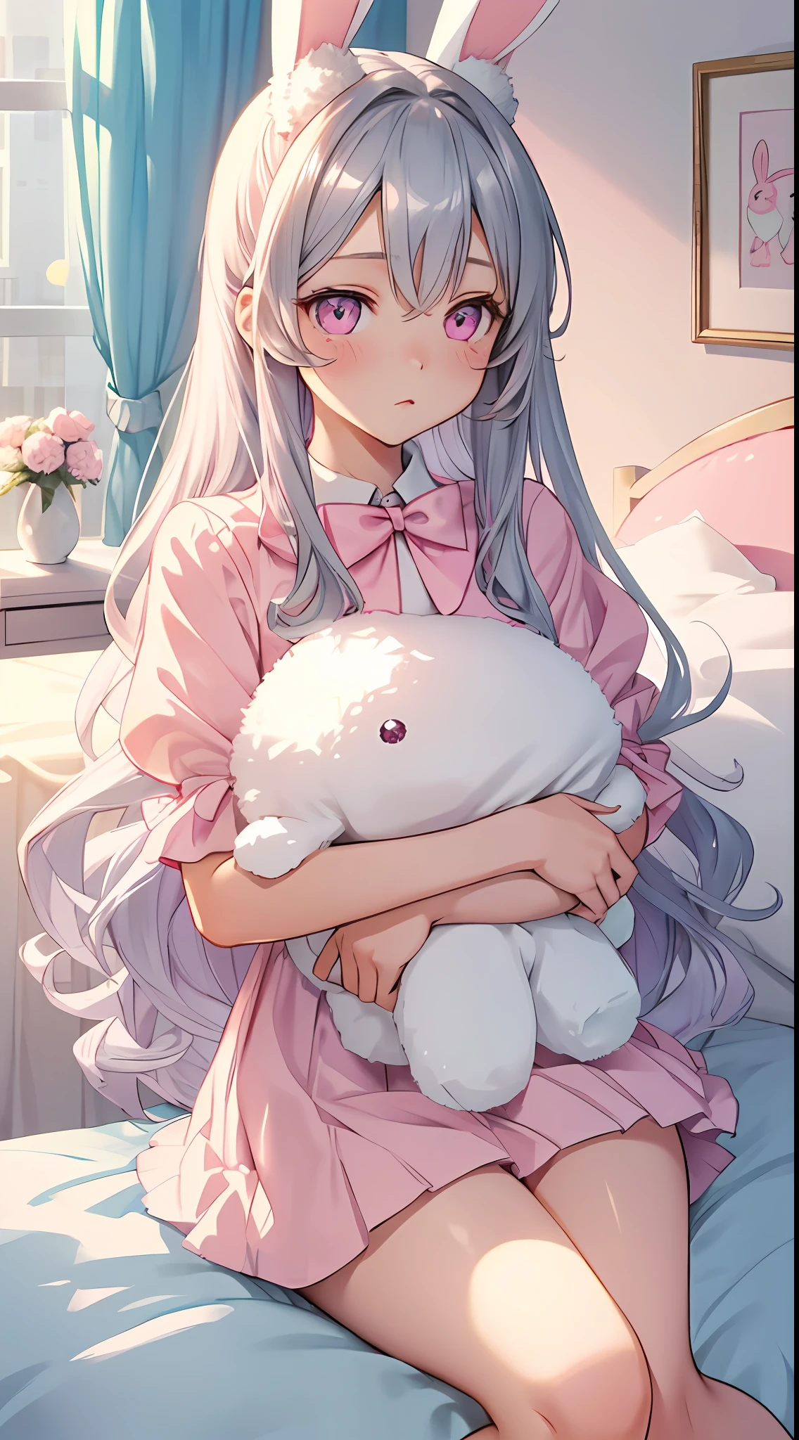 beautiful illustration, best quality, cute girl, bedroom, pastel color, fluffy bunny ears, petite, silver long hair, rabbit stuffed toy, bright lighting, light pink eyes