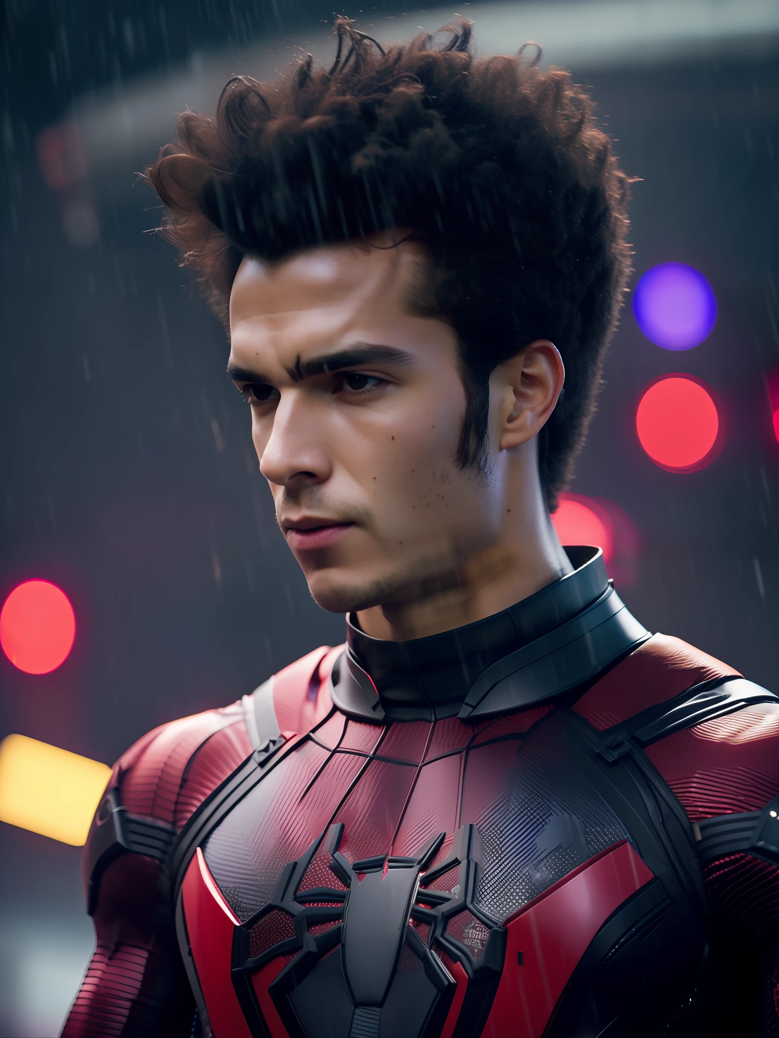 Spiderman, no mask, award-winning photo of a man, Red and black superhero suit, square jawline, asymmetric face, big hair, in rain, angry, purple light, 80mm, bokeh, mass effect, close up, fking_cinema_v2, 8k, cinematic