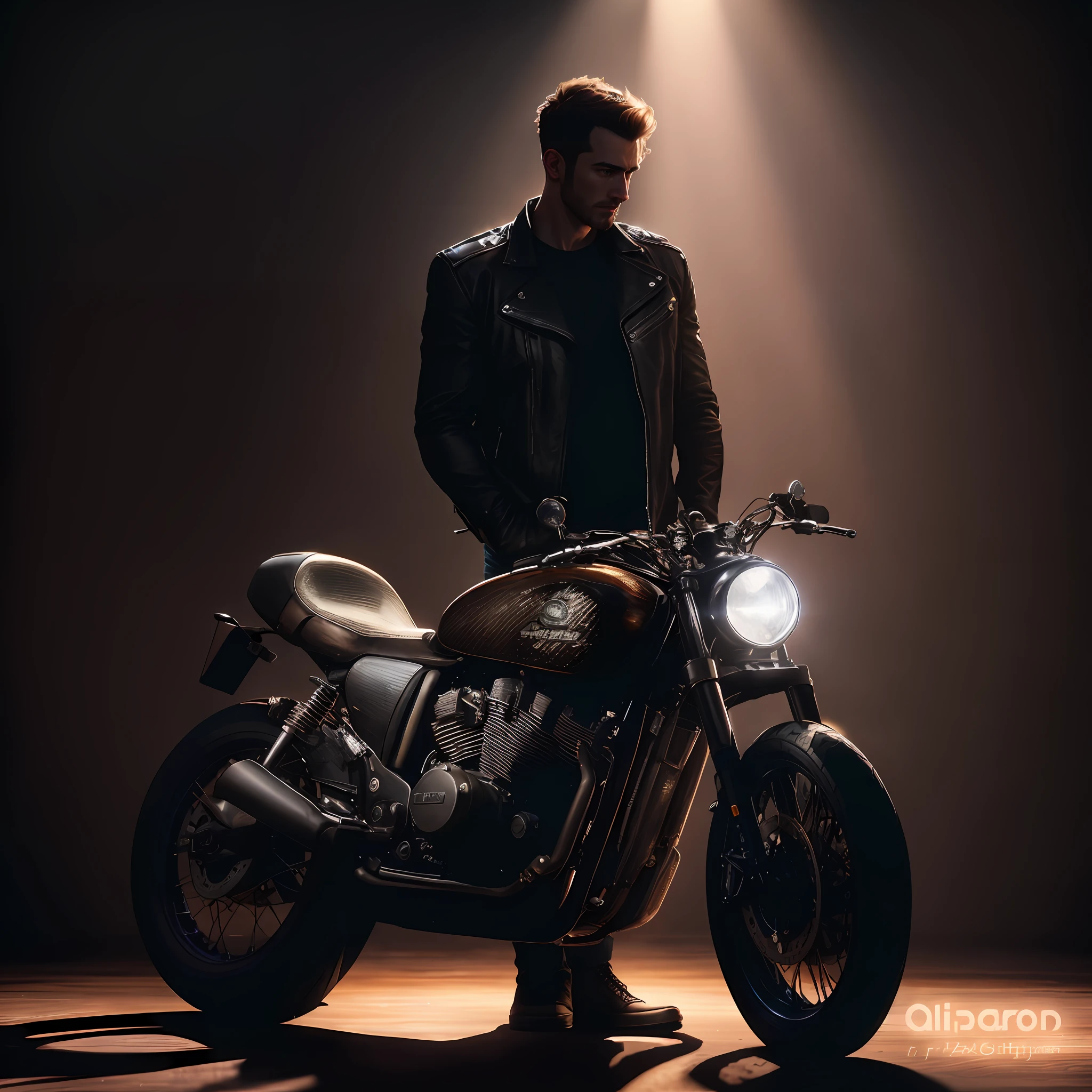 arafed man standing next to a motorcycle in a spotlight, daniel maidman octane rendering, motorcycle, cinematic lighting photography, dark-toned product photos, by Adrian Zingg, motorbiker, octane photoreal 3 d render, cafe racer, by Anthony Devas, picture of a male biker, dramatic product lighting, photoreal octane rendering, motorbike, biker