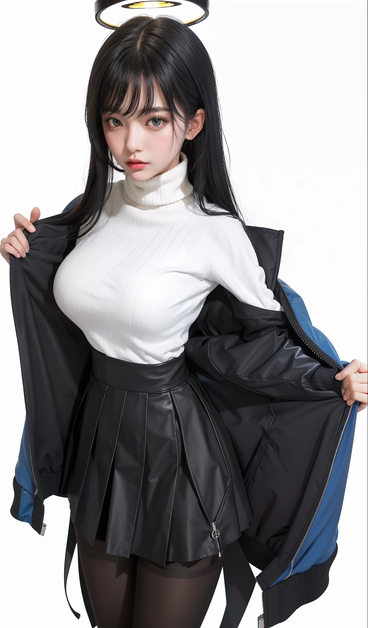 1girl absurdres black_hair black_jacket black_pantyhose black_skirt blue_archive breasts bright_pupils hair_ornament hairclip halo highres jacket k1234es large_breasts long_hair pantyhose pleated_skirt red_eyes removing_jacket ribbed_sweater rio_(blue_archive) skirt solo sweater sweater_tucked_in turtleneck turtleneck_sweater very_long_hair white_pupils white_sweater