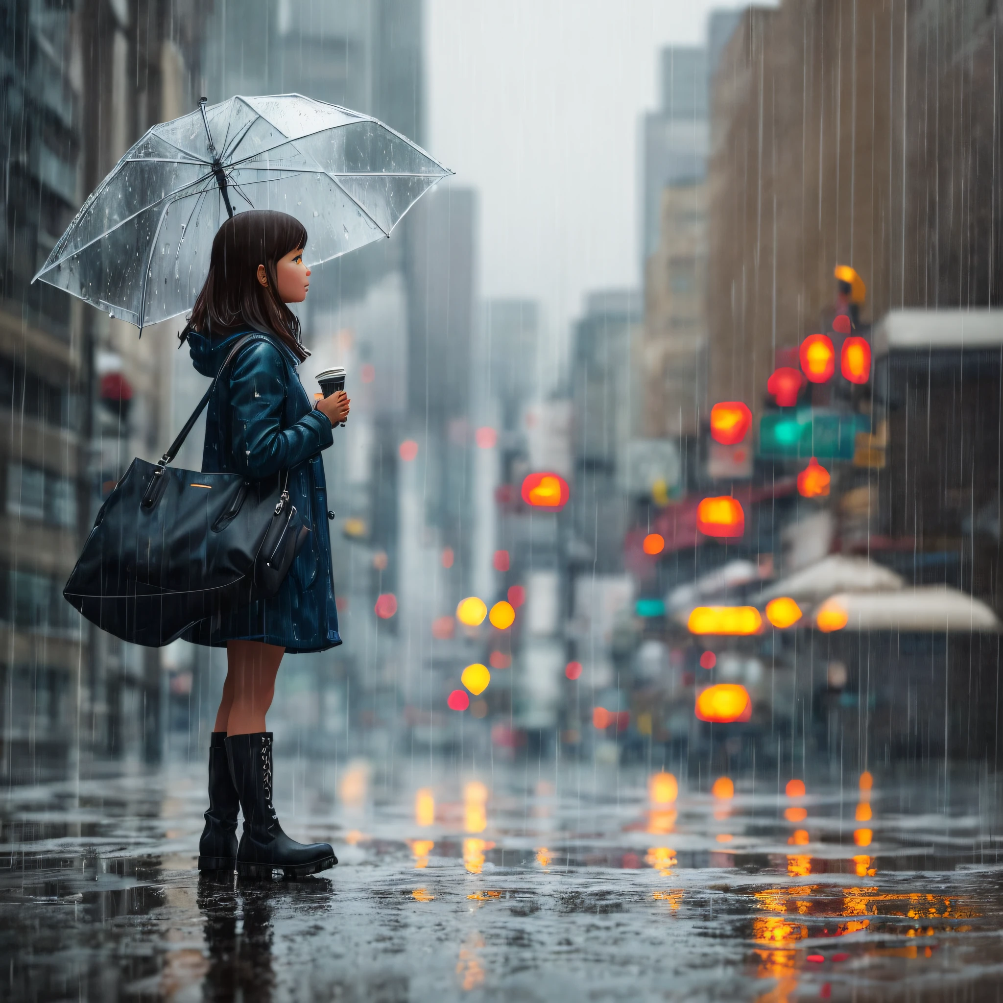 girl alone, rain, daytime, low depth field effect, American comic wind, puddle, rain, building, city view, puddle, boots, sultry day, ice cream --auto --s2